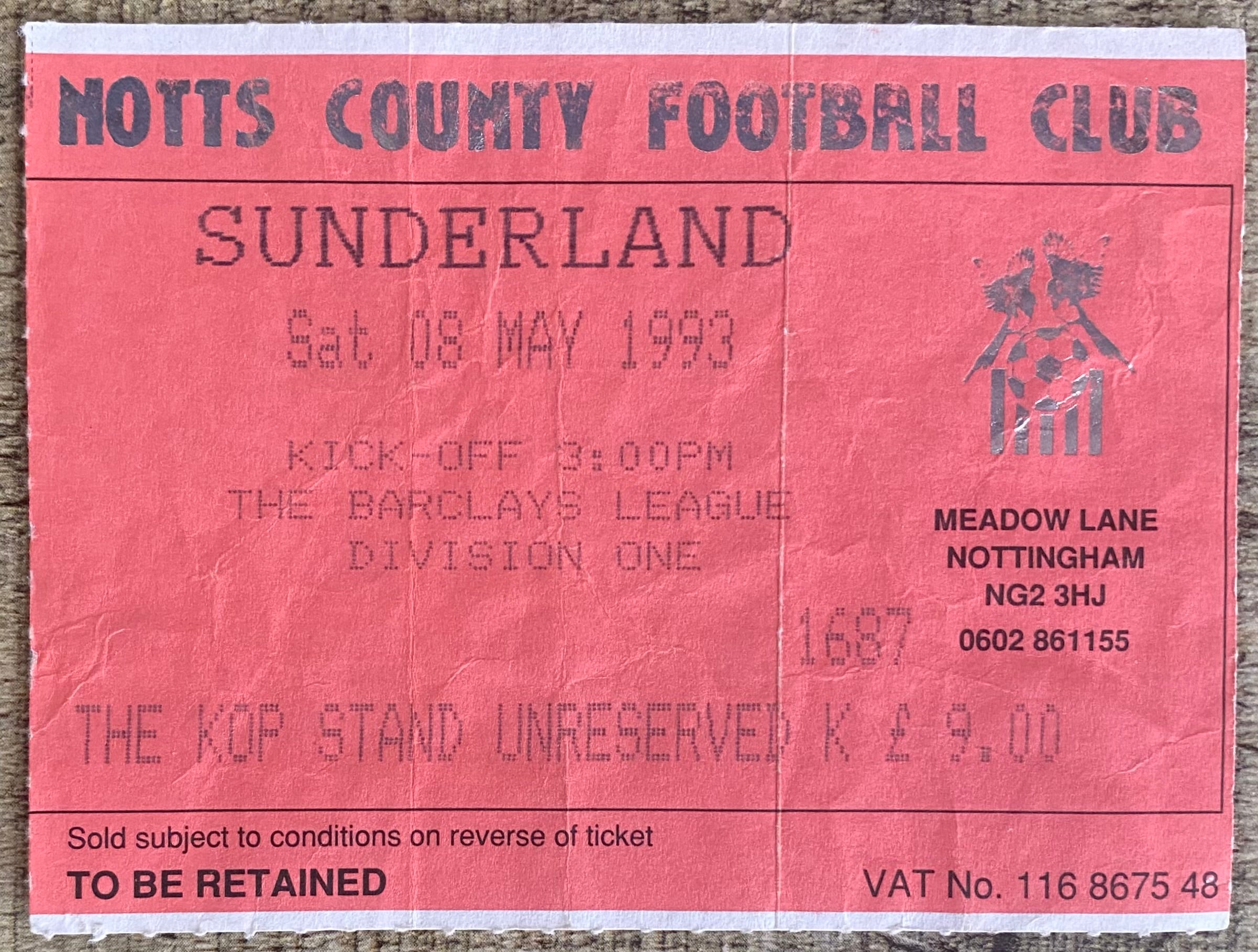 1992/93 ORIGINAL DIVISION 1 TICKET NOTTS COUNTY V SUNDERLAND