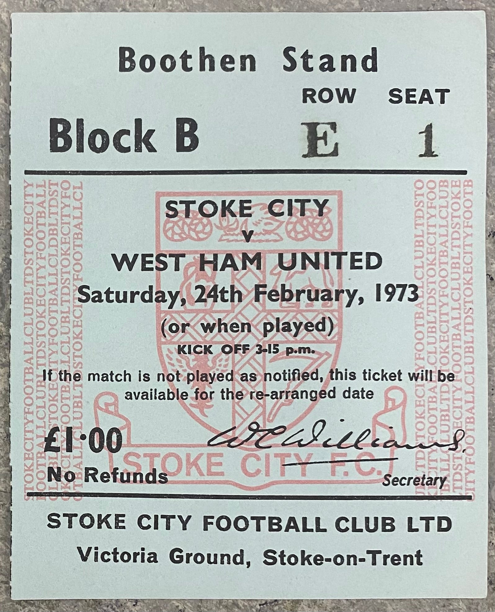 1972/73 ORIGINAL DIVISION ONE TICKET STOKE CITY V WEST HAM UNITED