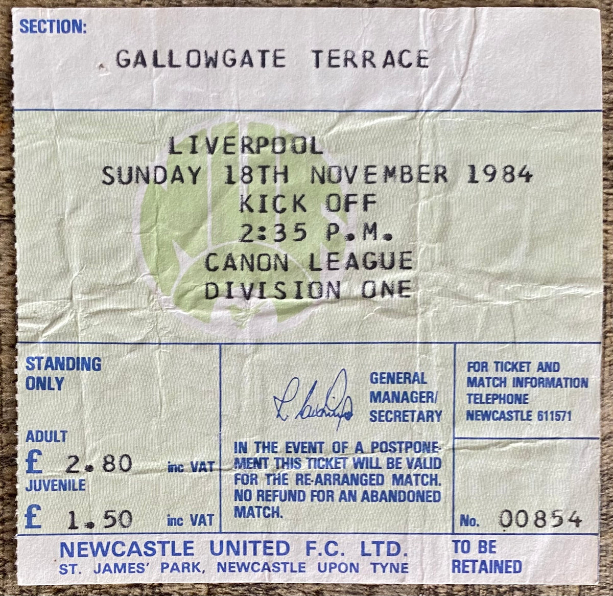1984/85 ORIGINAL DIVISION 1 TICKET NEWCASTLE UNITED V LIVERPOOL
