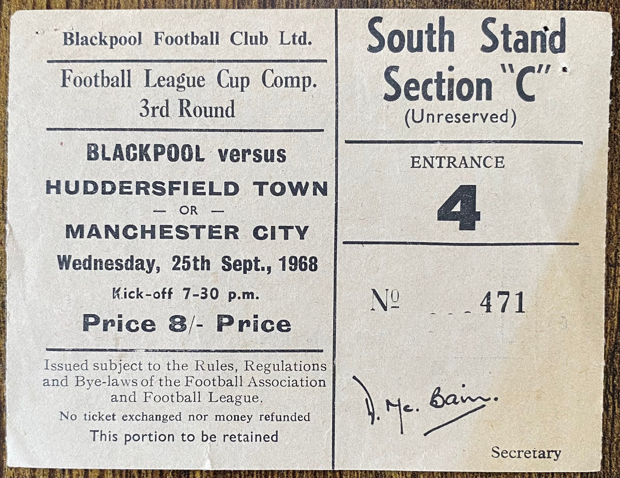 1968/69 ORIGINAL LEAGUE CUP 3RD ROUND TICKET BLACKPOOL V MANCHESTER CITY