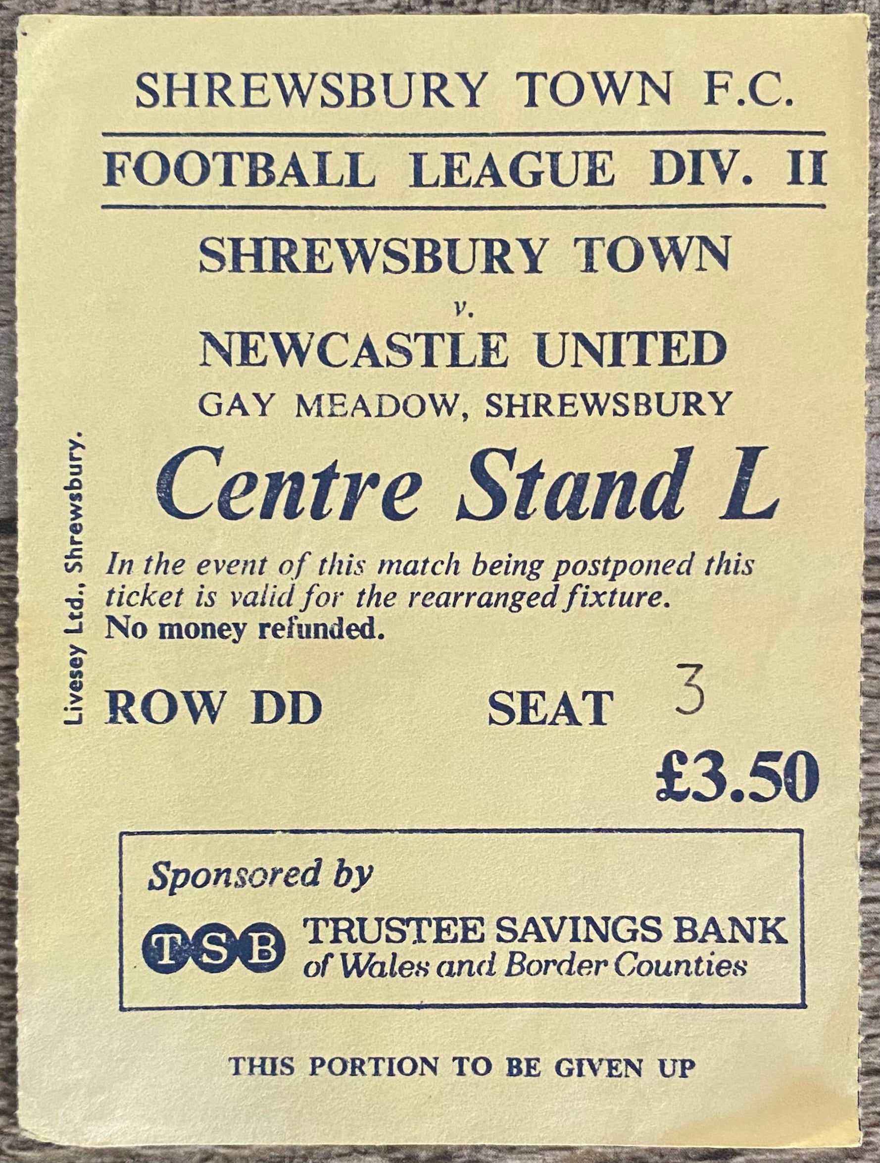 1980/81 ORIGINAL DIVISION 2 TICKET SHREWSBURY TOWN V NEWCASTLE UNITED