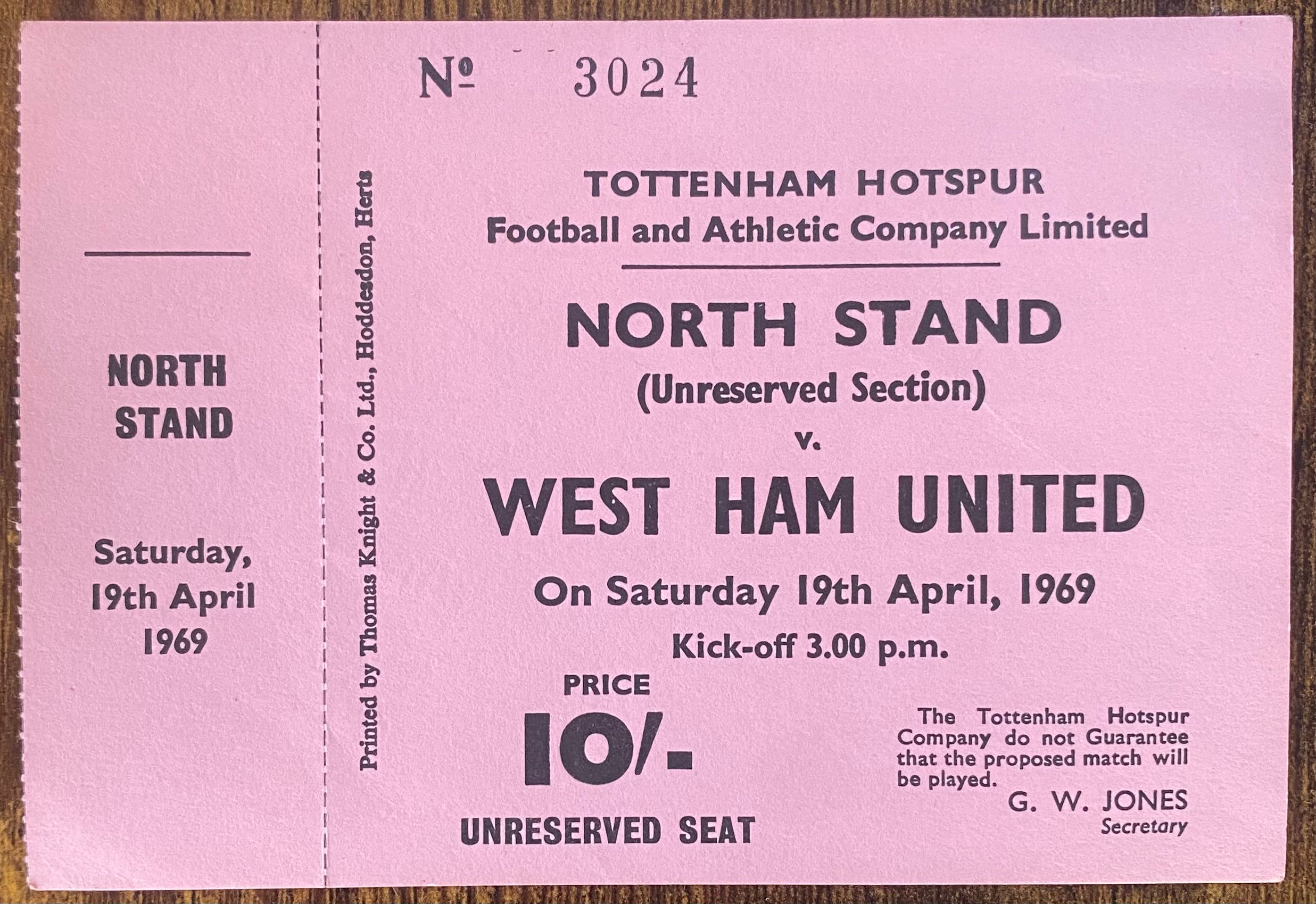 1968/69 ORIGINAL DIVISION ONE UNUSED TICKET TOTTENHAM HOTSPUR V WEST HAM UNITED