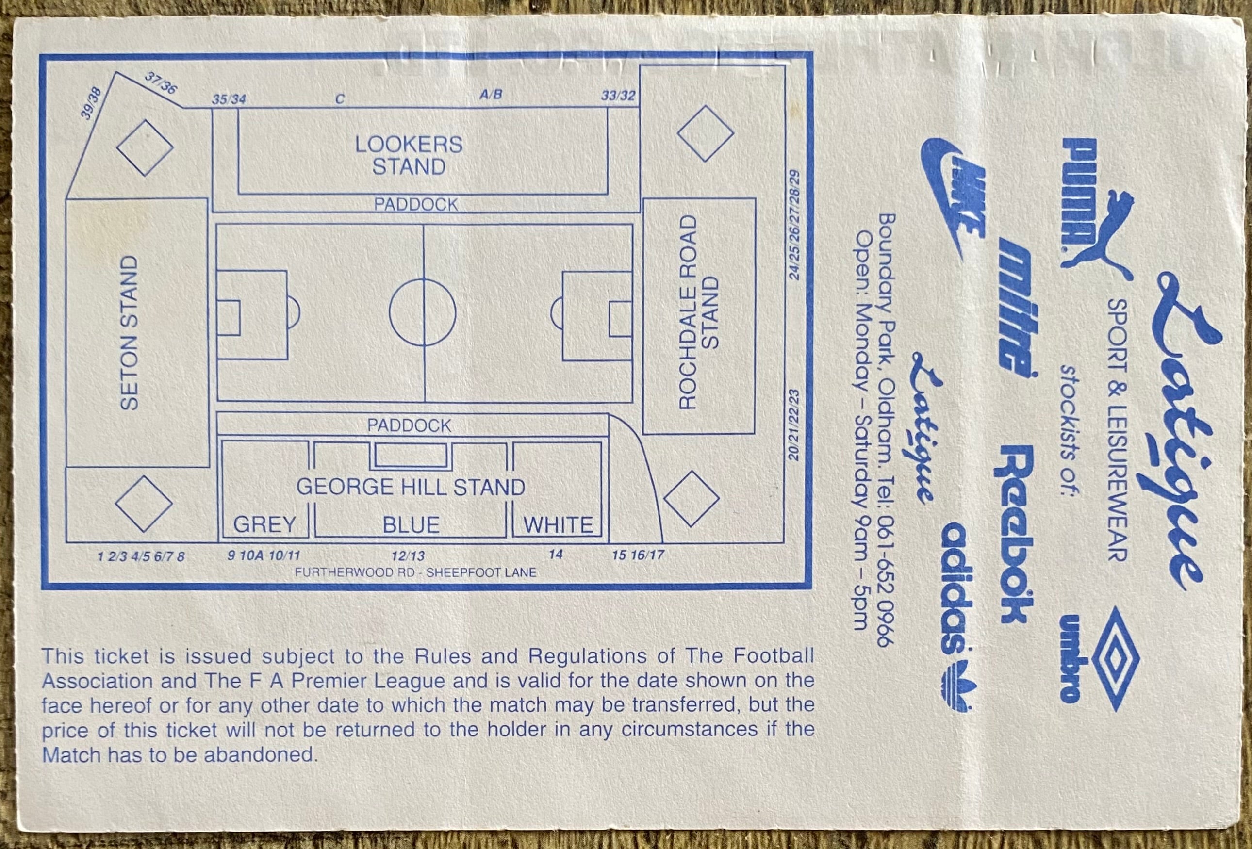 1992/93 ORIGINAL FA PREMIER LEAGUE TICKET OLDHAM ATHLETIC V LIVERPOOL