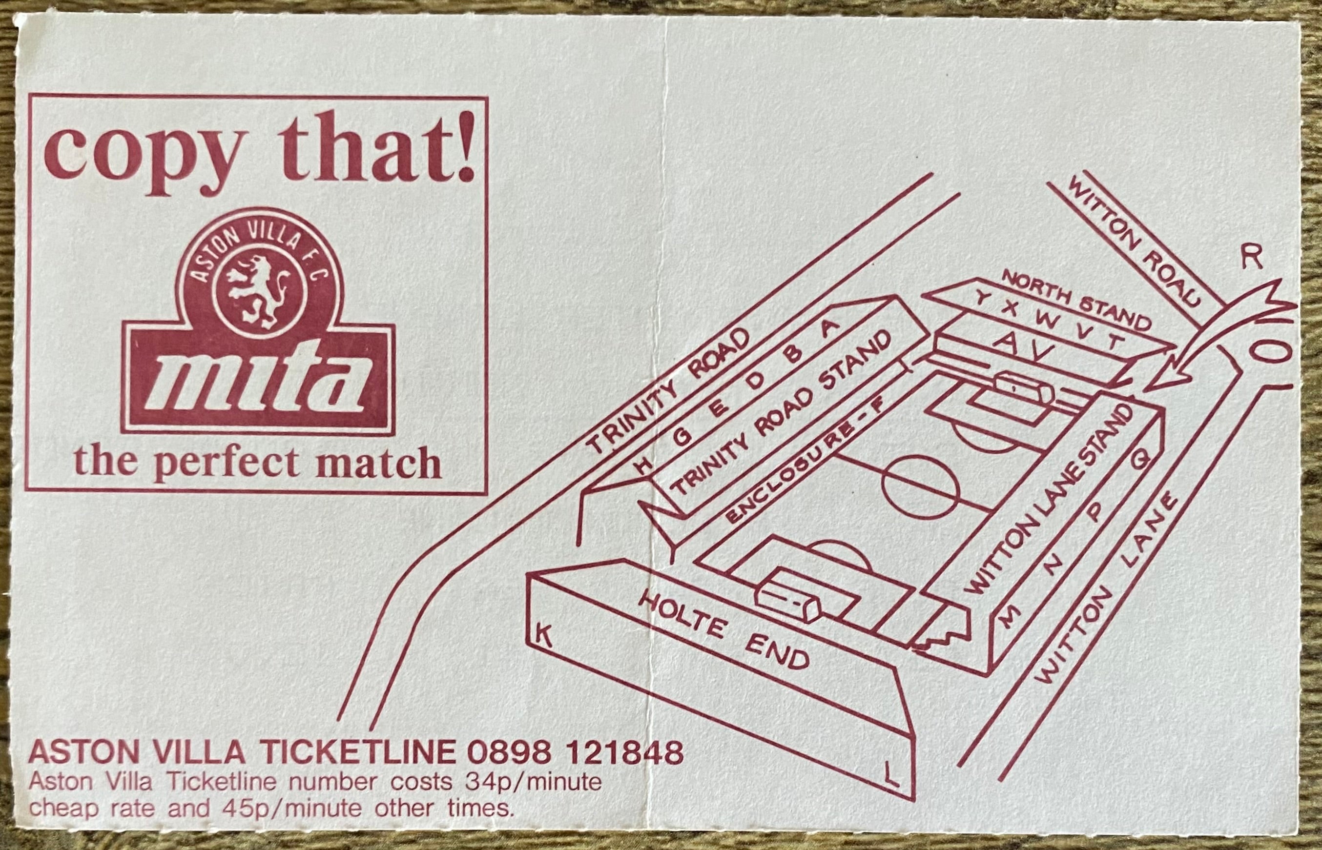 1992/93 ORIGINAL PREMIER LEAGUE TICKET ASTON VILLA V NORWICH CITY