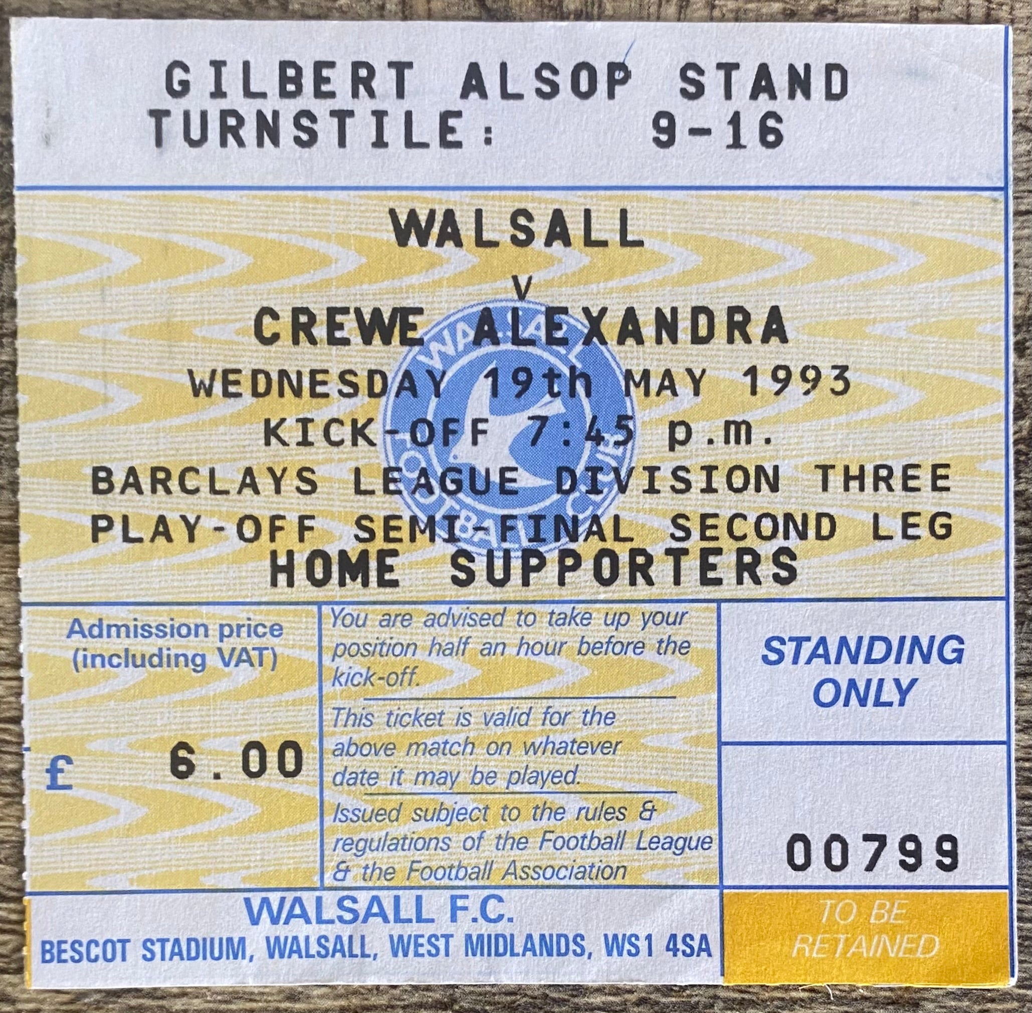 1992/93 ORIGINAL DIVISION 3 PLAY OFF 2ND LEG TICKET WALSALL V CREWE ALEXANDRA