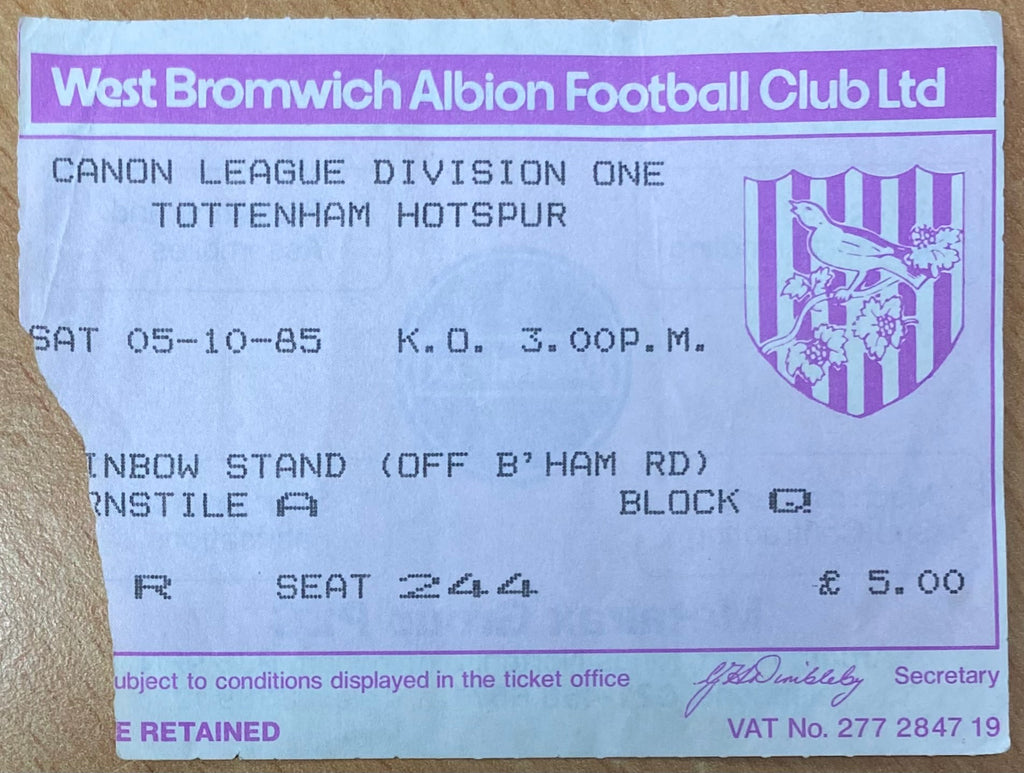 1985/86 ORIGINAL DIVISION ONE TICKET WEST BROMWICH ALBION V TOTTENHAM HOTSPUR