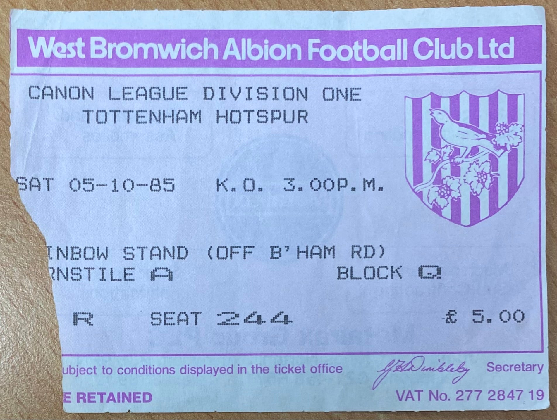1985/86 ORIGINAL DIVISION ONE TICKET WEST BROMWICH ALBION V TOTTENHAM HOTSPUR