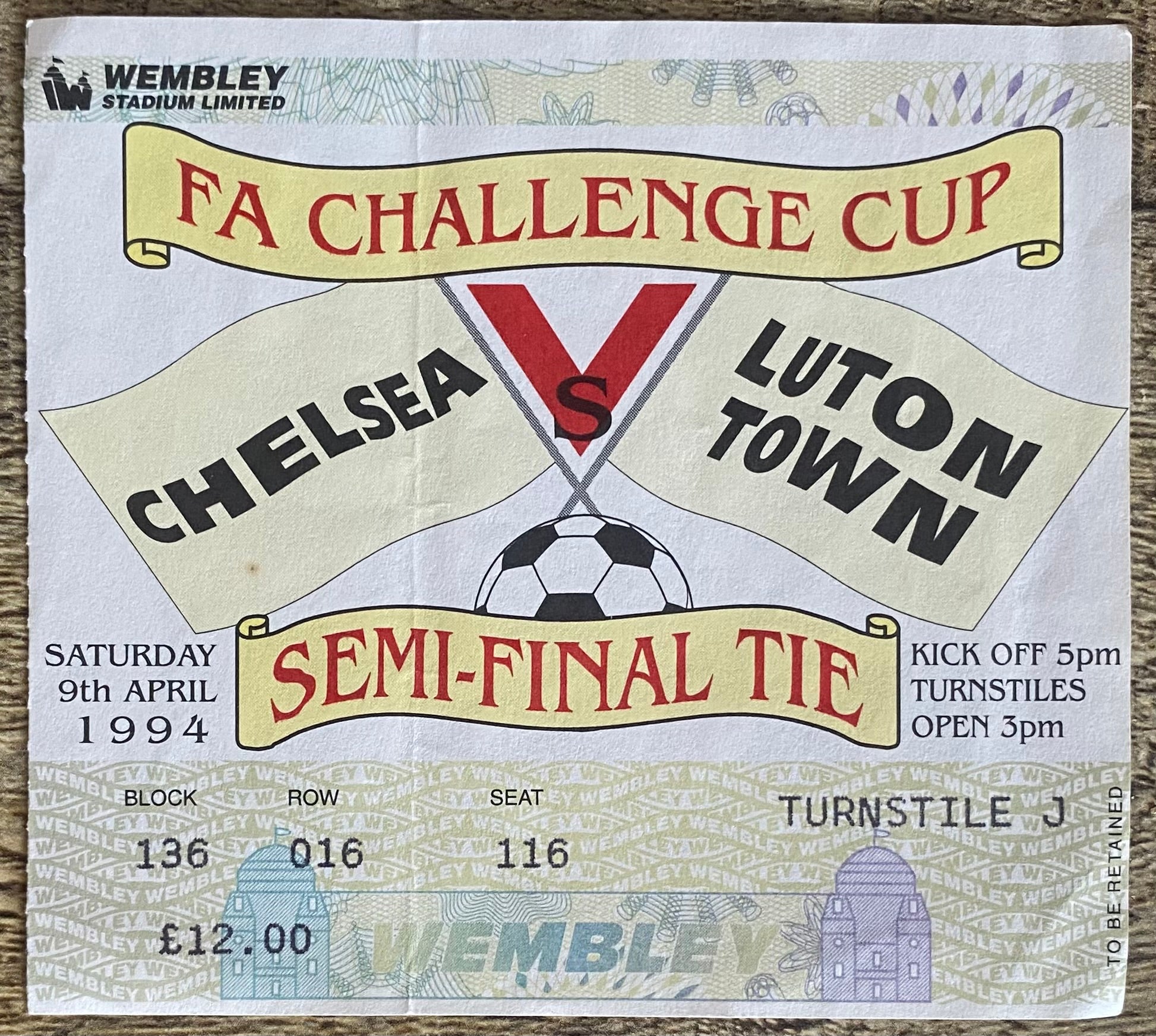 1994 ORIGINAL FA CUP SEMI FINAL TICKET CHELSEA V LUTON TOWN