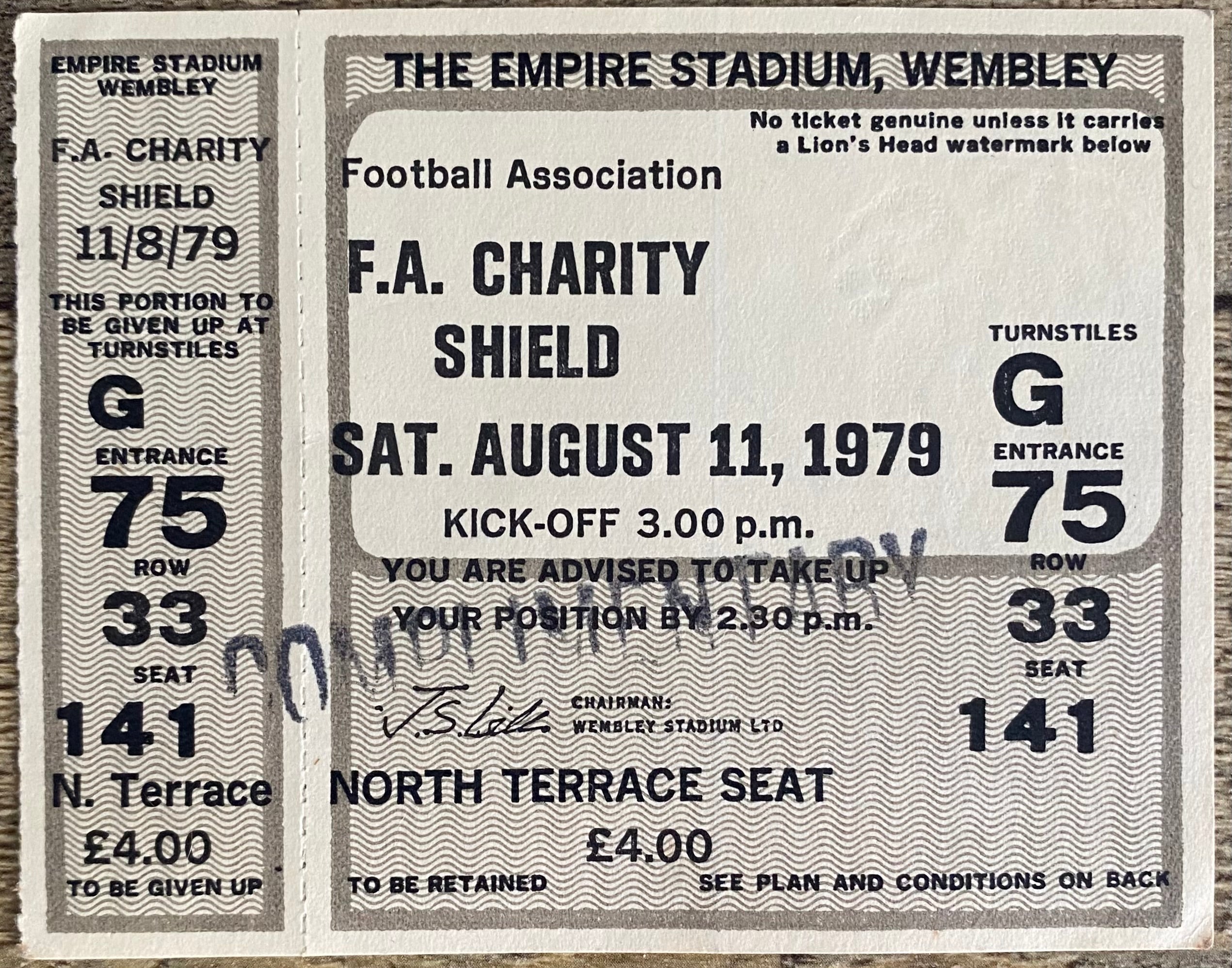 1979 ORIGINAL CHARITY SHIELD UNUSED TICKET LIVERPOOL V ARSENAL