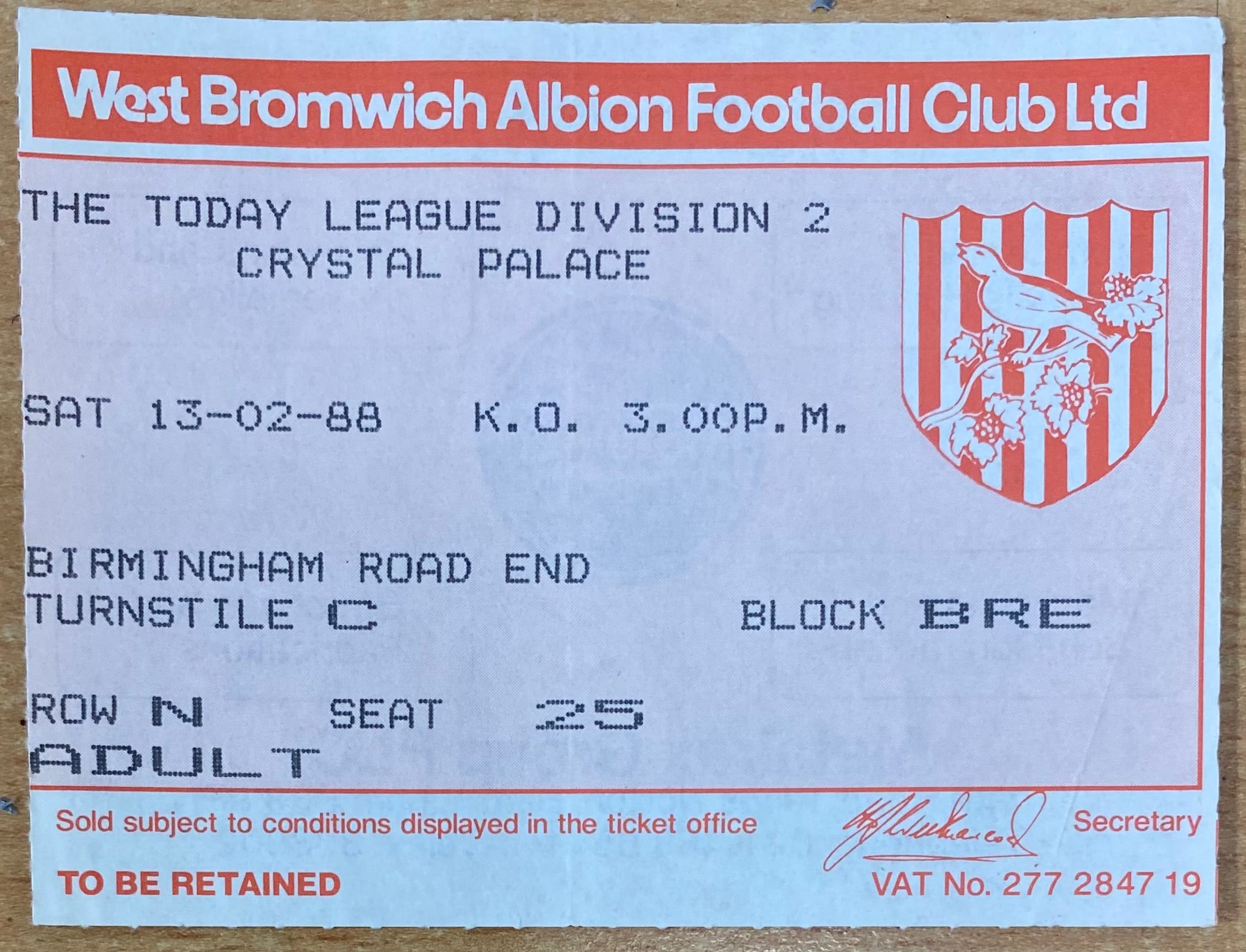 1987/88 ORIGINAL DIVISION 2 TICKET WEST BROMWICH ALBION V CRYSTAL PALACE