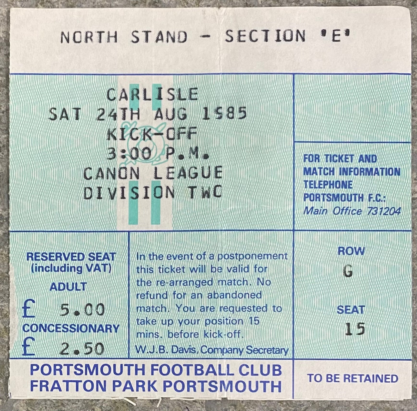 1985/86 ORIGINAL DIVISION 2 TICKET PORTSMOUTH V CARLISLE UNITED