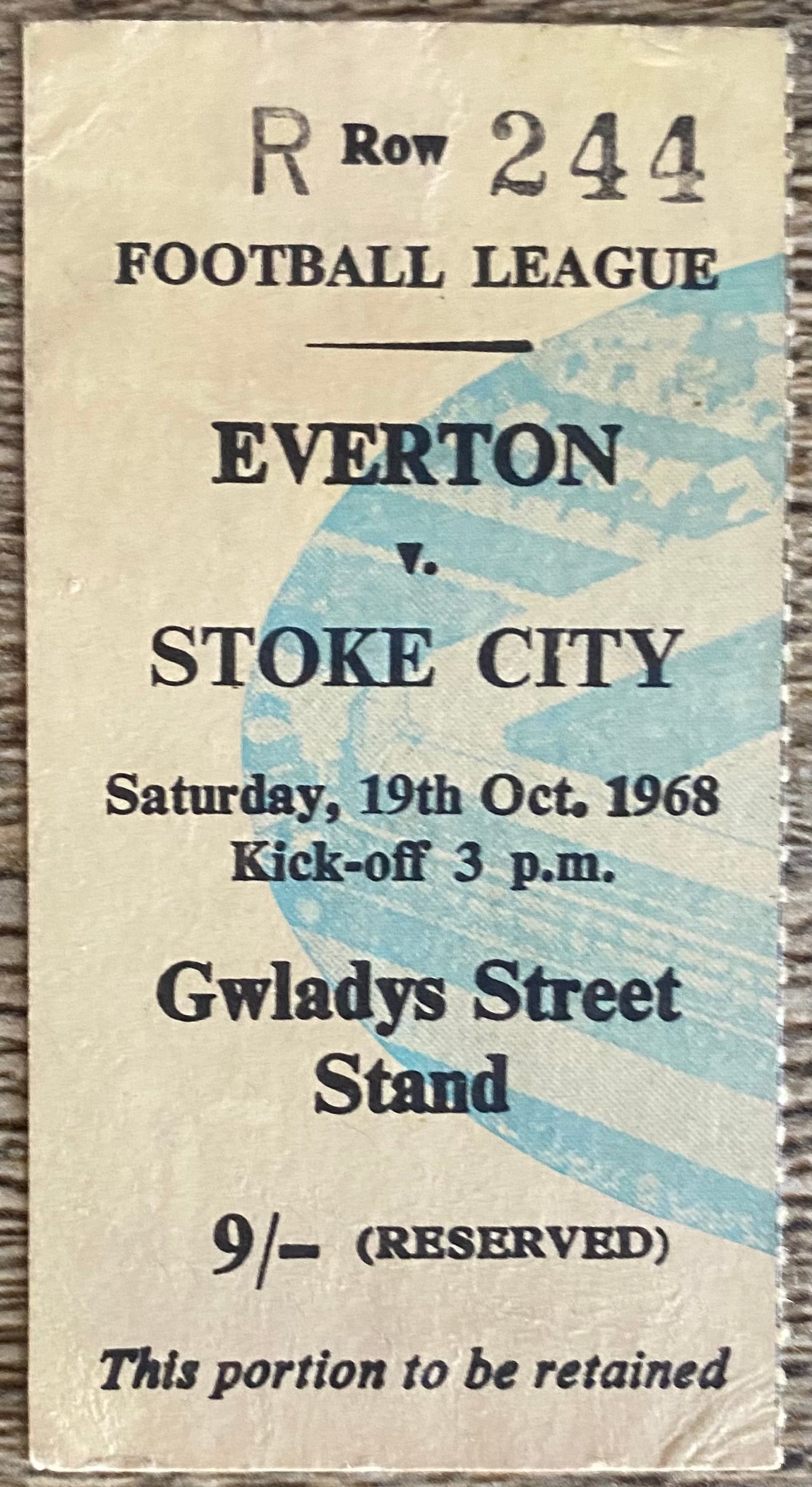 1968/69 ORIGINAL DIVISION ONE TICKET EVERTON V STOKE CITY