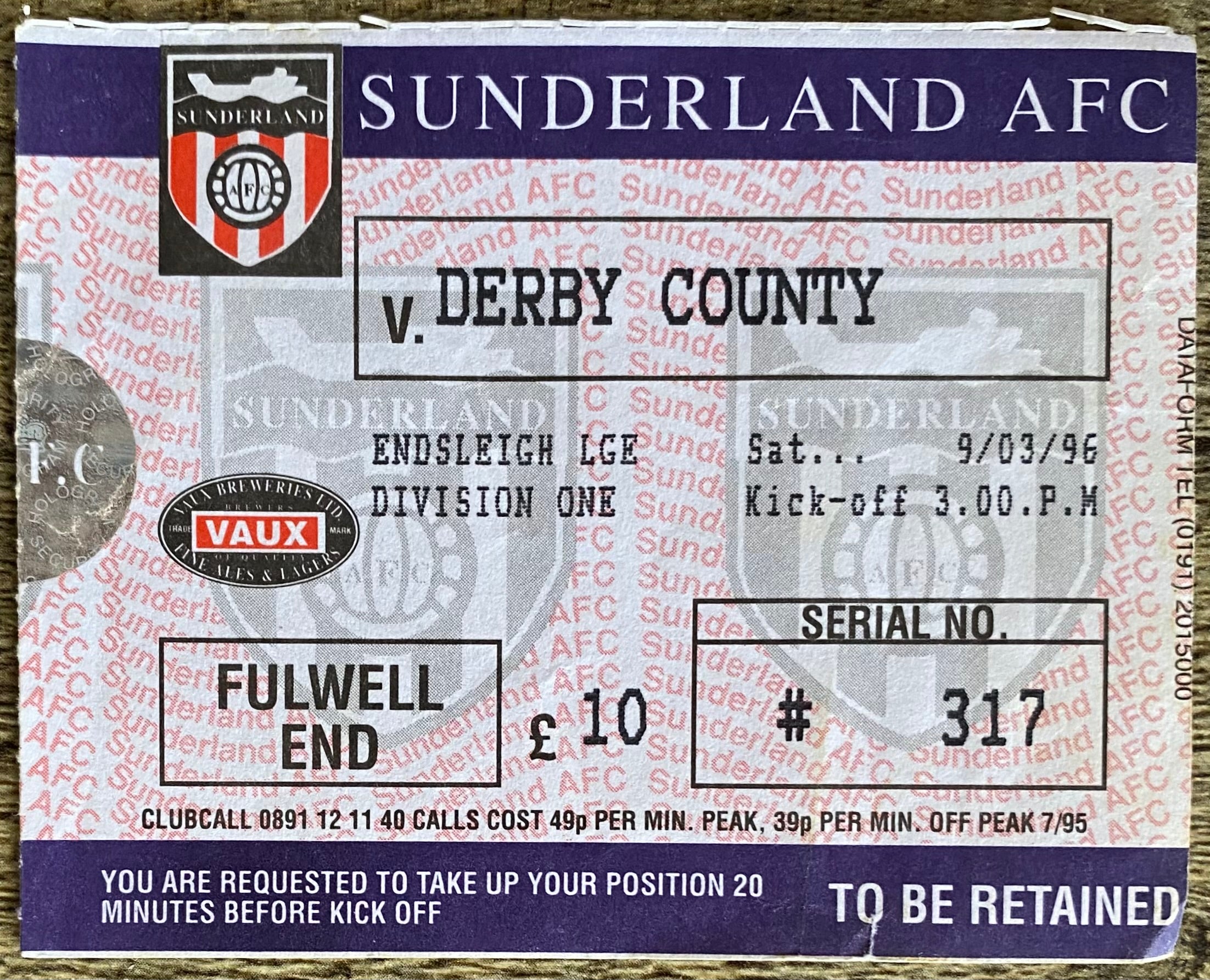 1995/96 ORIGINAL DIVISION ONE TICKET SUNDERLAND v DERBY COUNTY