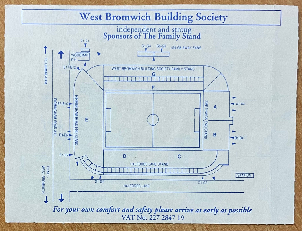 1994/95 ORIGINAL DIVISION 1 TICKET WEST BROMWICH ALBION  V SUNDERLAND