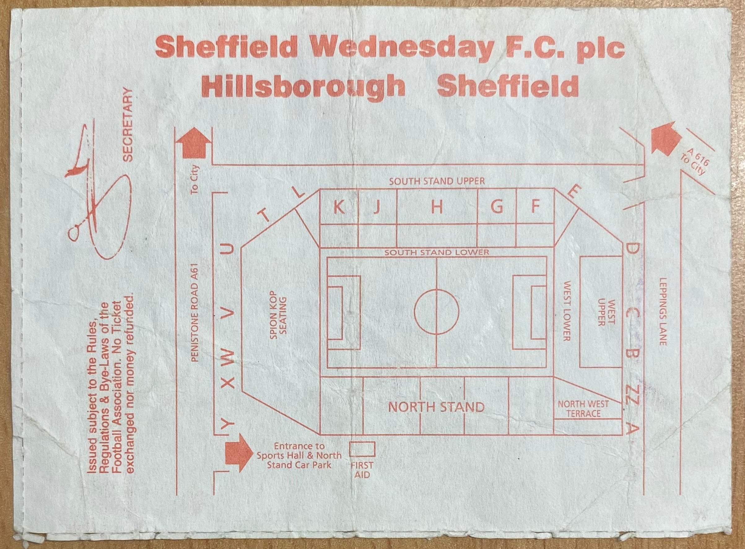 1993/94 ORIGINAL FA PREMIERSHIP TICKET SHEFFIELD WEDNESDAY V MANCHESTER CITY