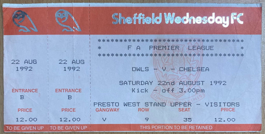 1992/93 ORIGINAL PREMIER LEAGUE UNUSED TICKET SHEFFIELD WEDNESDAY V CHELSEA