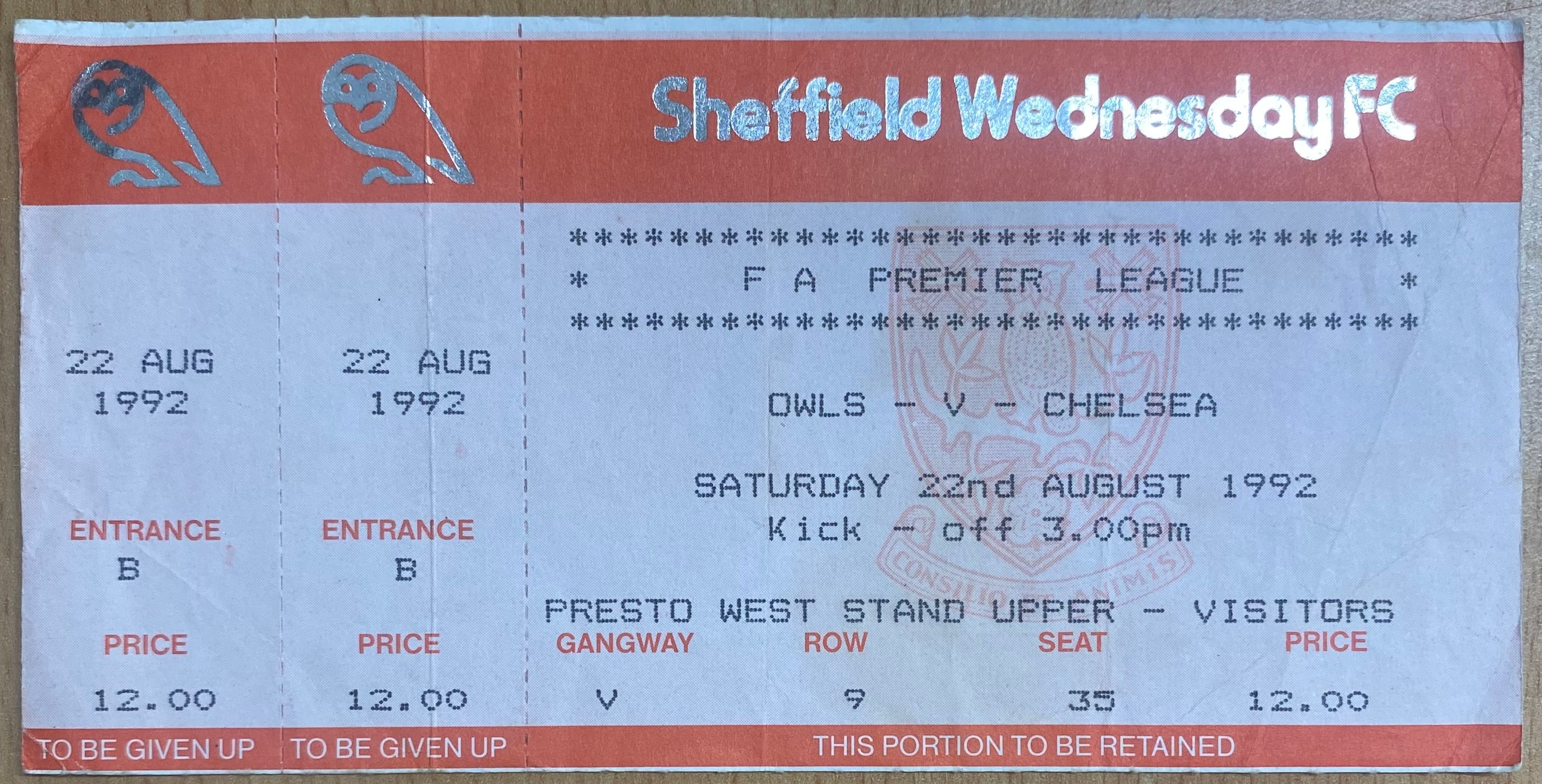 1992/93 ORIGINAL PREMIER LEAGUE UNUSED TICKET SHEFFIELD WEDNESDAY V CHELSEA