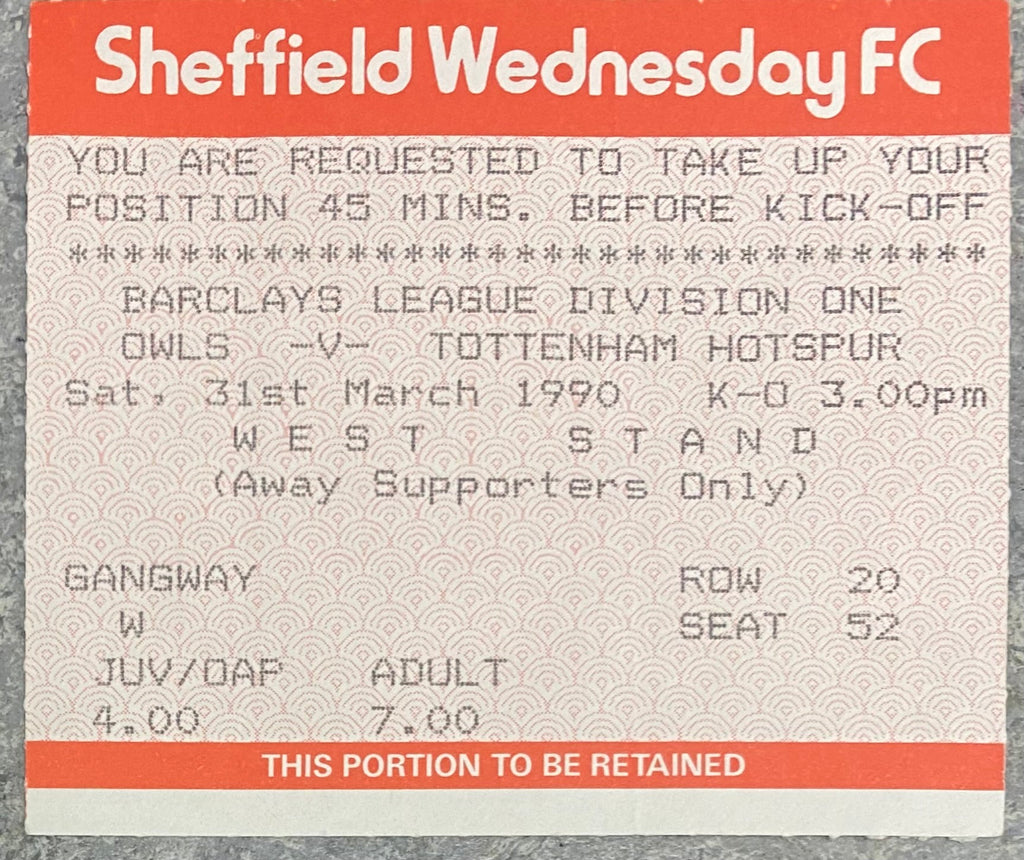 1989/90 ORIGINAL DIVISION 1 TICKET SHEFFIELD WEDNESDAY V TOTTENHAM HOTSPUR