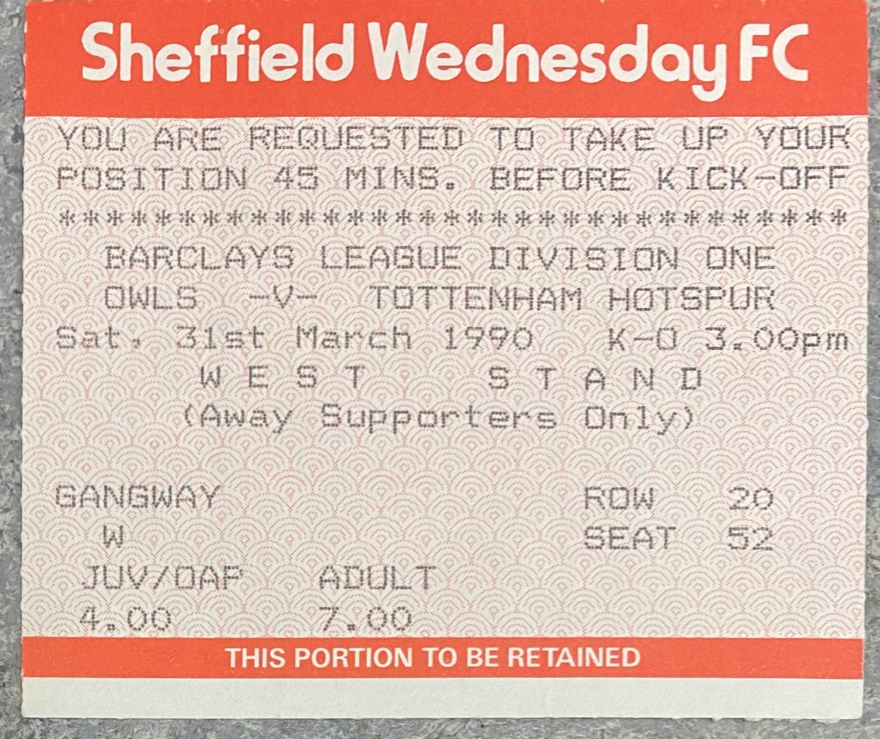 1989/90 ORIGINAL DIVISION 1 TICKET SHEFFIELD WEDNESDAY V TOTTENHAM HOTSPUR