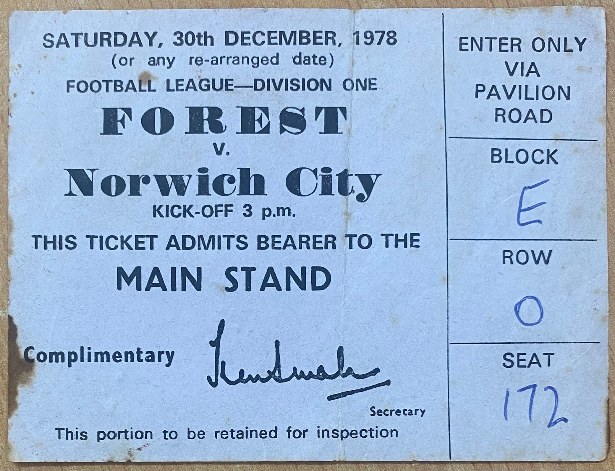 1978/79 ORIGINAL DIVISION 1 TICKET NOTTINGHAM FOREST V NORWICH CITY