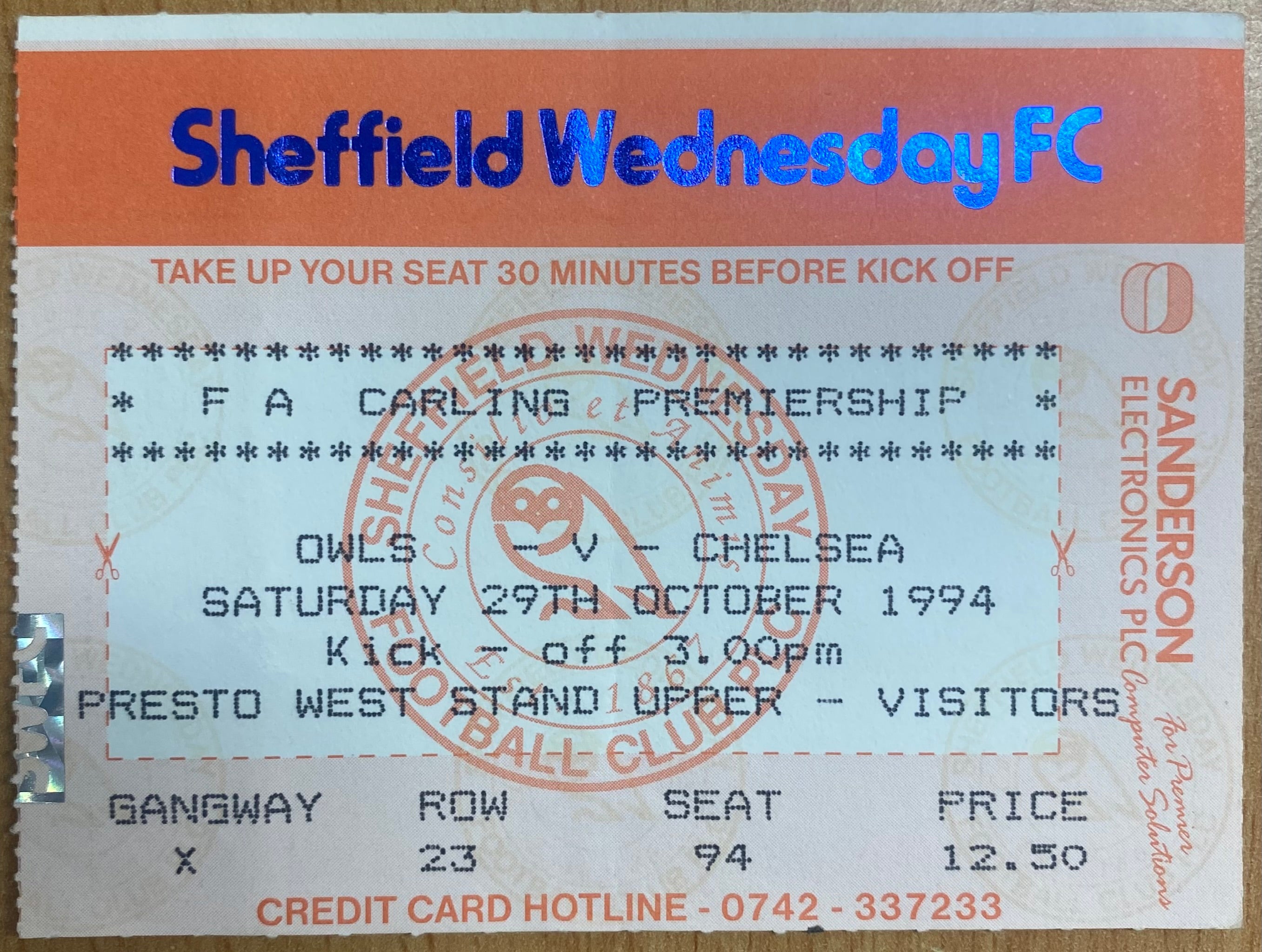 1994/95 ORIGINAL FA PREMIERSHIP TICKET SHEFFIELD WEDNESDAY V CHELSEA