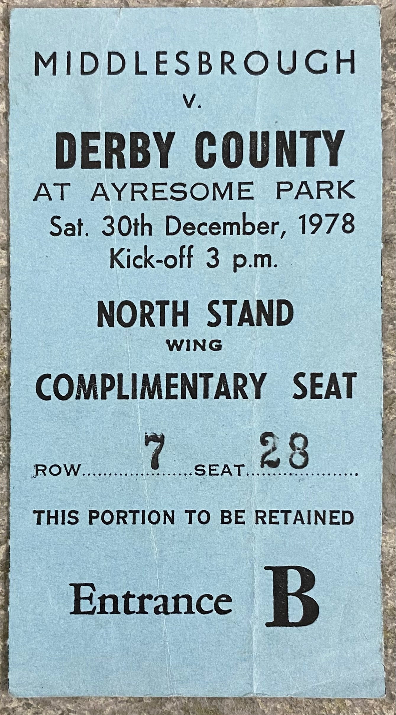 1978/79 ORIGINAL DIVISION 1 TICKET MIDDLESBROUGH V DERBY COUNTY