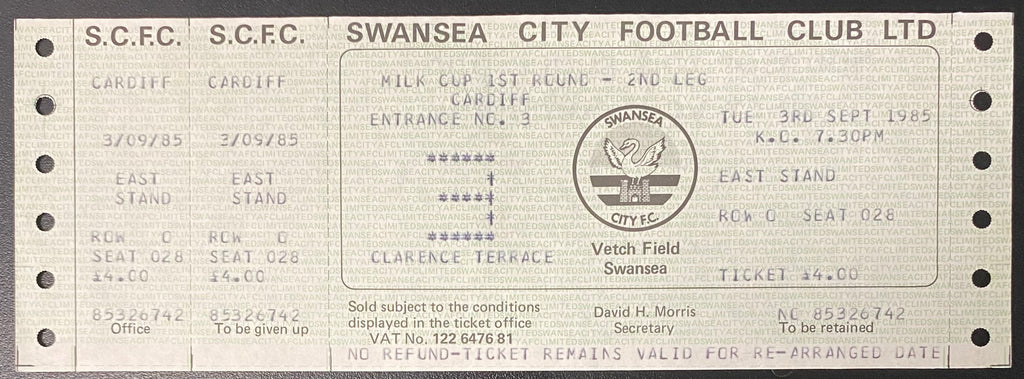 1985/86 ORIGINAL MILK CUP 1ST ROUND 2ND LEG UNUSED TICKET SWANSEA CITY V CARDIFF CITY