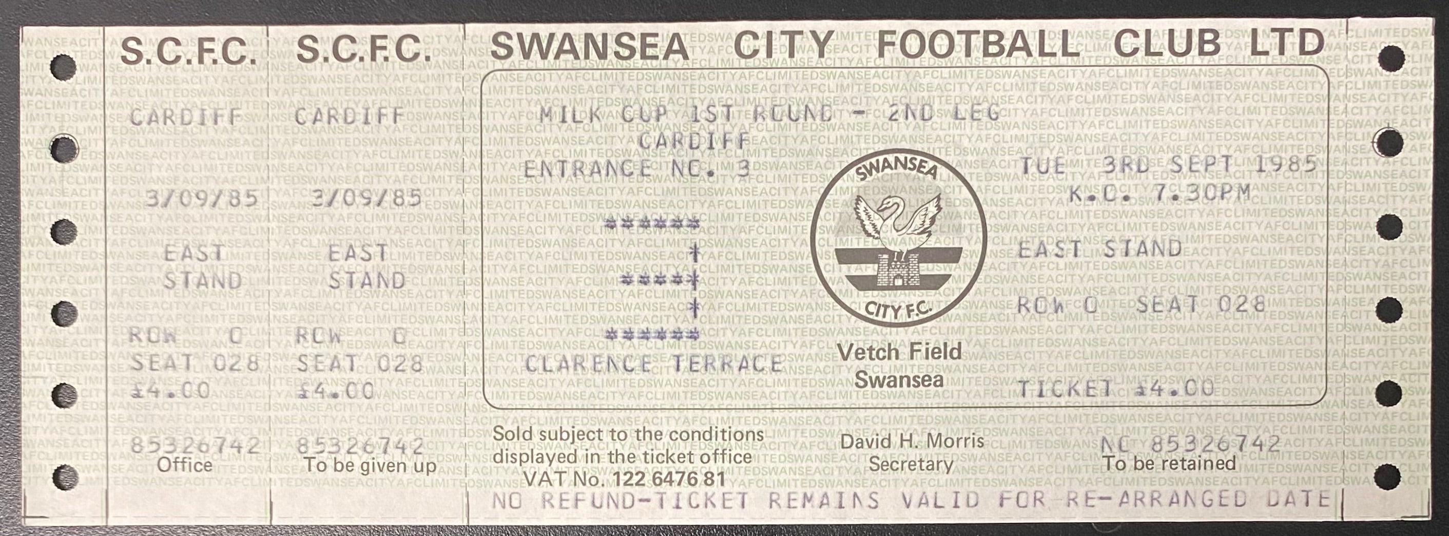 1985/86 ORIGINAL MILK CUP 1ST ROUND 2ND LEG UNUSED TICKET SWANSEA CITY V CARDIFF CITY