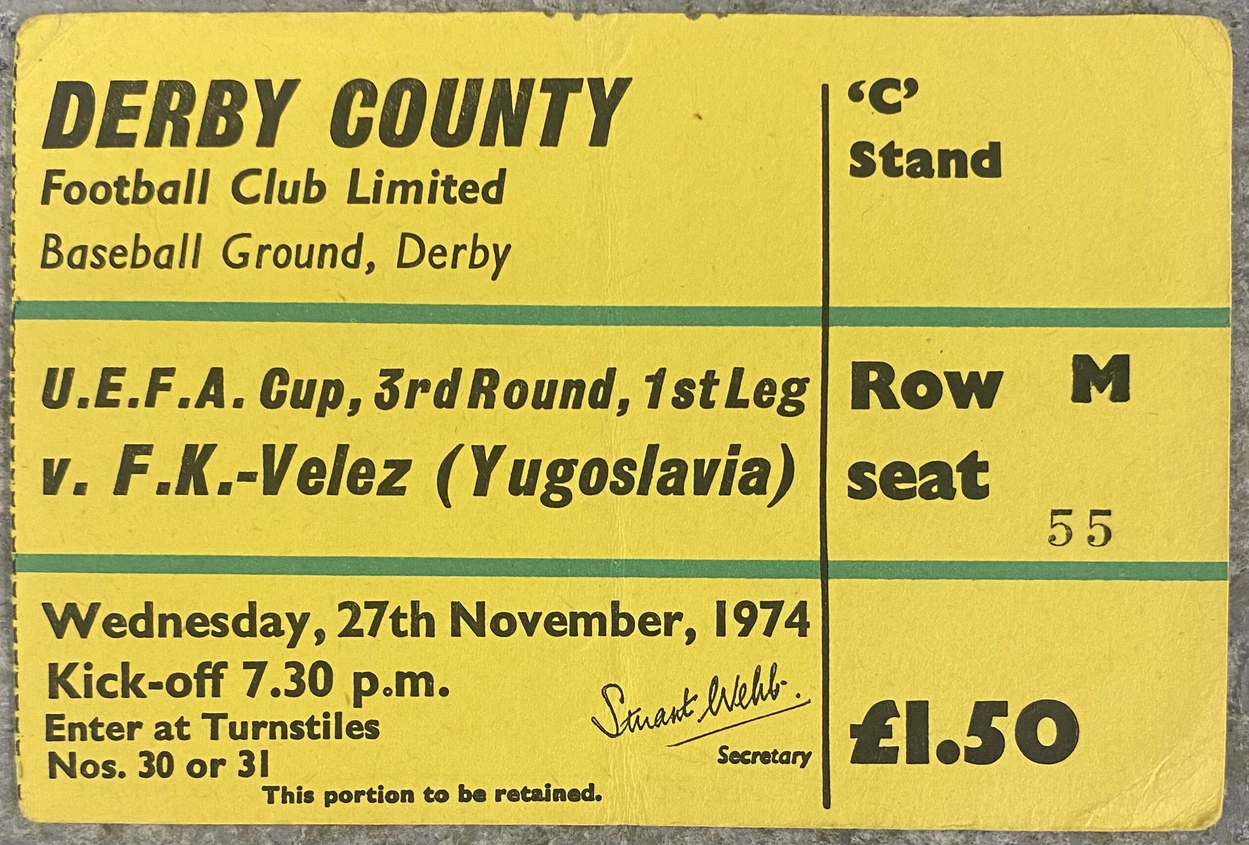 1974/75 ORIGINAL UEFA CUP 3RD ROUND 1ST LEG TICKET DERBY COUNTY V FK VELEZ