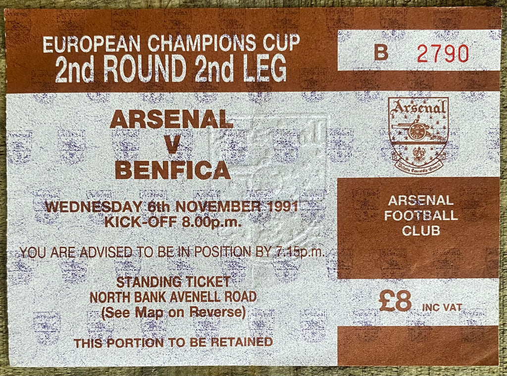 1991/92 ORIGINAL EUROPEAN CUP 2ND ROUND 2ND LEG TICKET ARSENAL V BENFICA