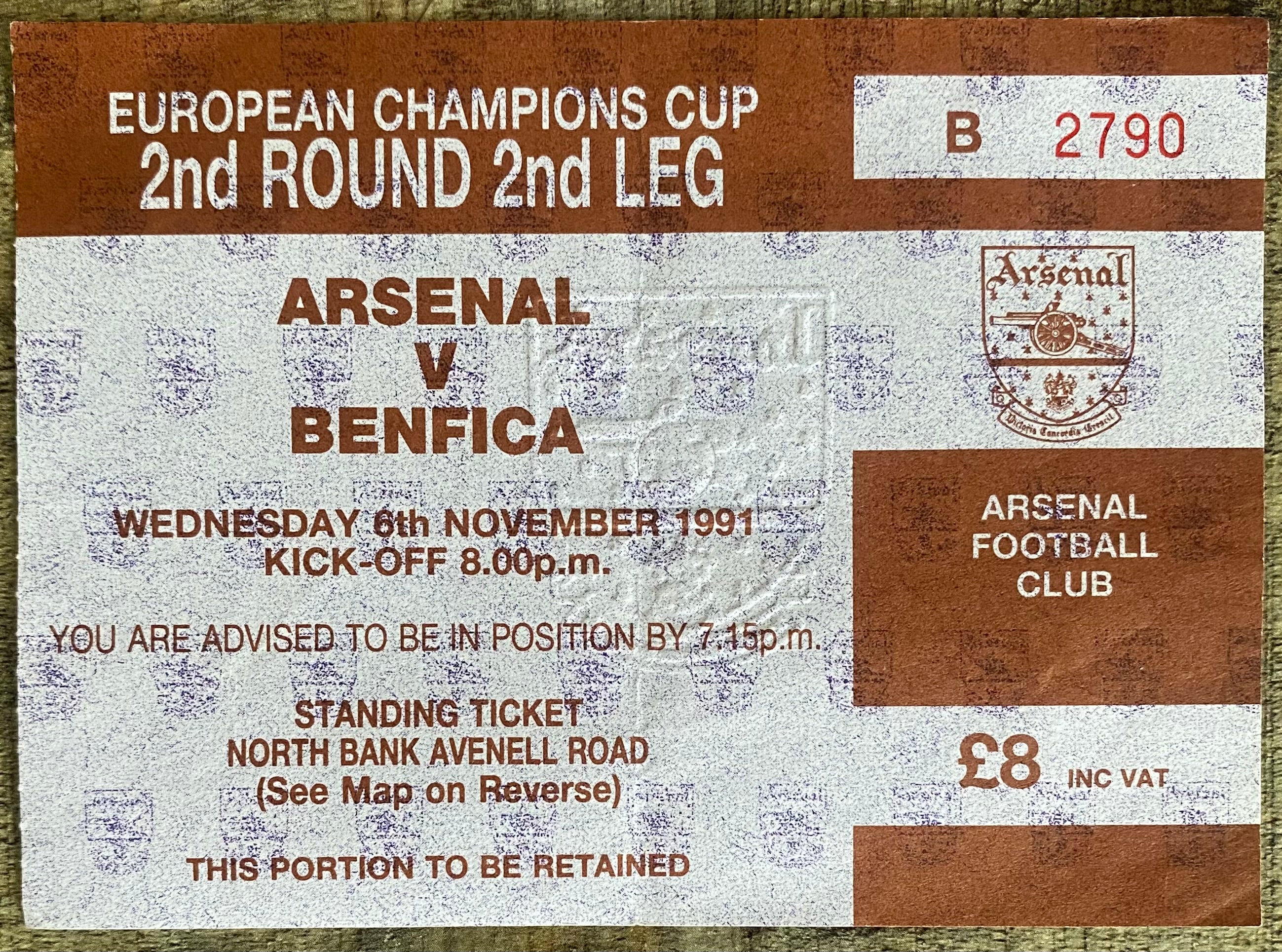 1991/92 ORIGINAL EUROPEAN CUP 2ND ROUND 2ND LEG TICKET ARSENAL V BENFICA