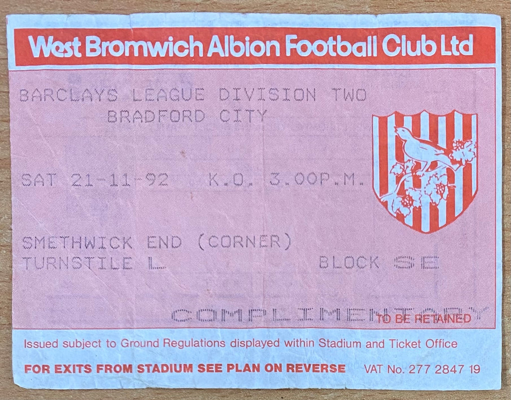 1992/93 ORIGINAL DIVISION 2 TICKET WEST BROMWICH ALBION V BRADFORD CITY