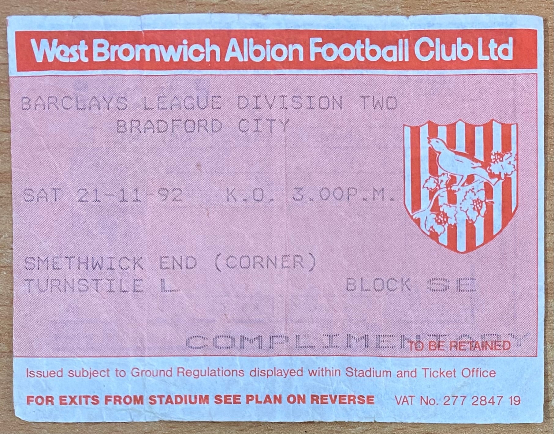 1992/93 ORIGINAL DIVISION 2 TICKET WEST BROMWICH ALBION V BRADFORD CITY