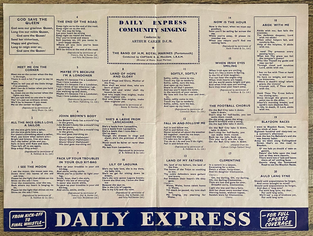 1956 ORIGINAL OFFICIAL FA CUP FINAL COMMUNITY SINGING SONG SHEET MANCHESTER CITY V BIRMINGHAM CITY