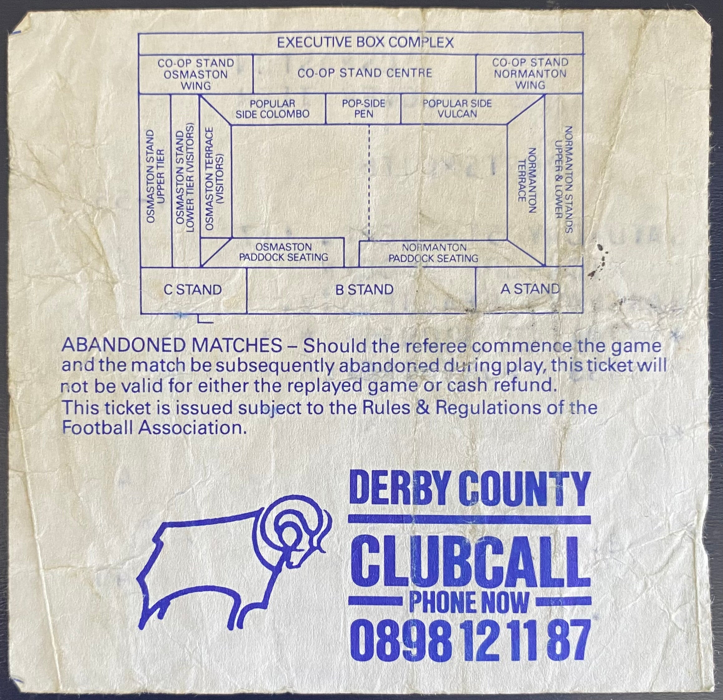 1987/88 ORIGINAL DIVISION 1 TICKET DERBY COUNTY V PORTSMOUTH