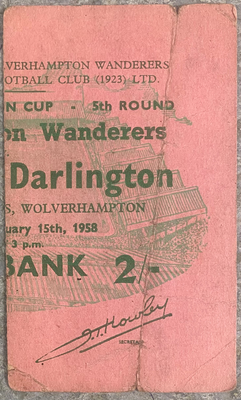 1957/58 ORIGINAL FA CUP 5TH ROUND TICKET WOLVERHAMPTON WANDERERS V DARLINGTON