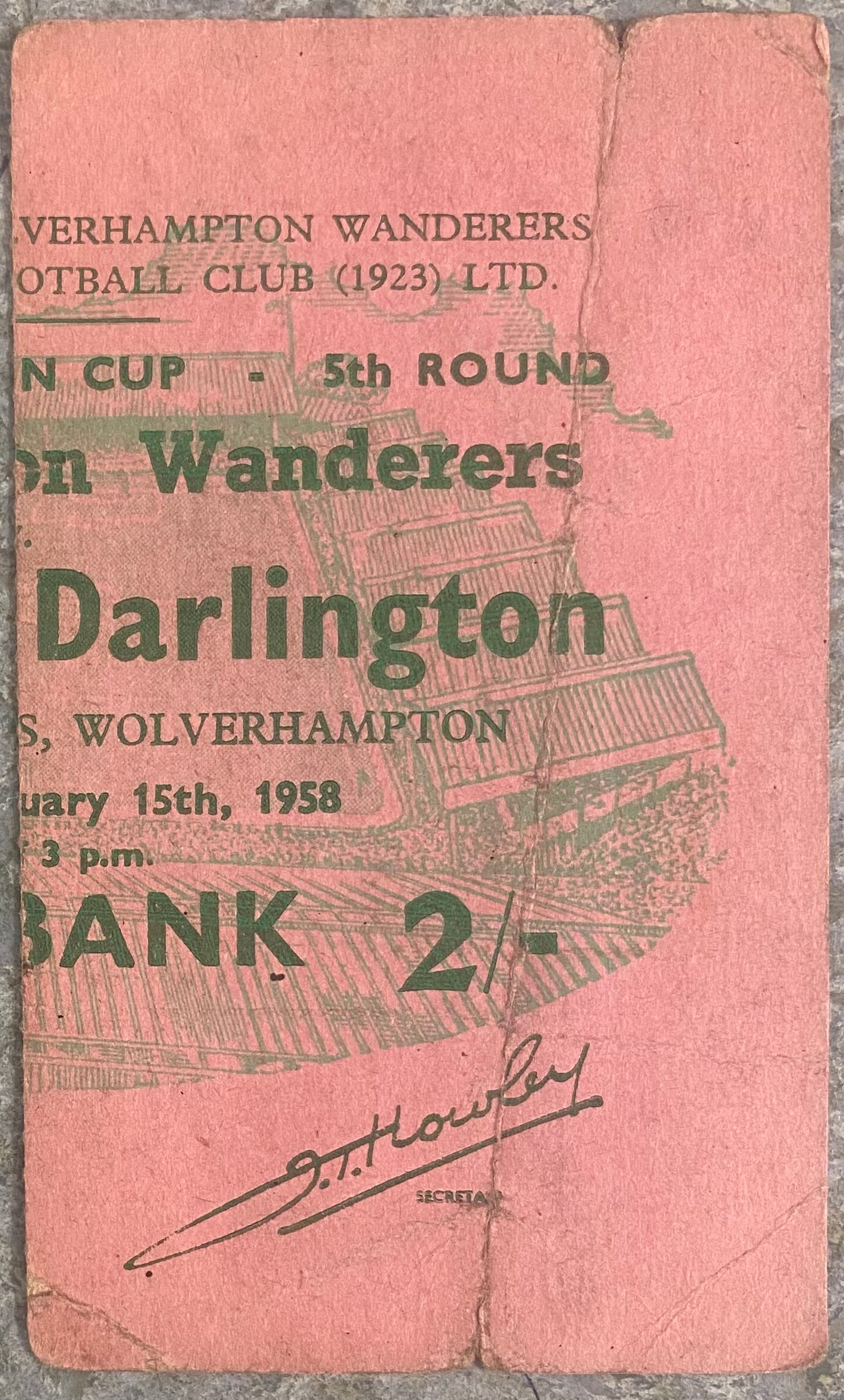 1957/58 ORIGINAL FA CUP 5TH ROUND TICKET WOLVERHAMPTON WANDERERS V DARLINGTON