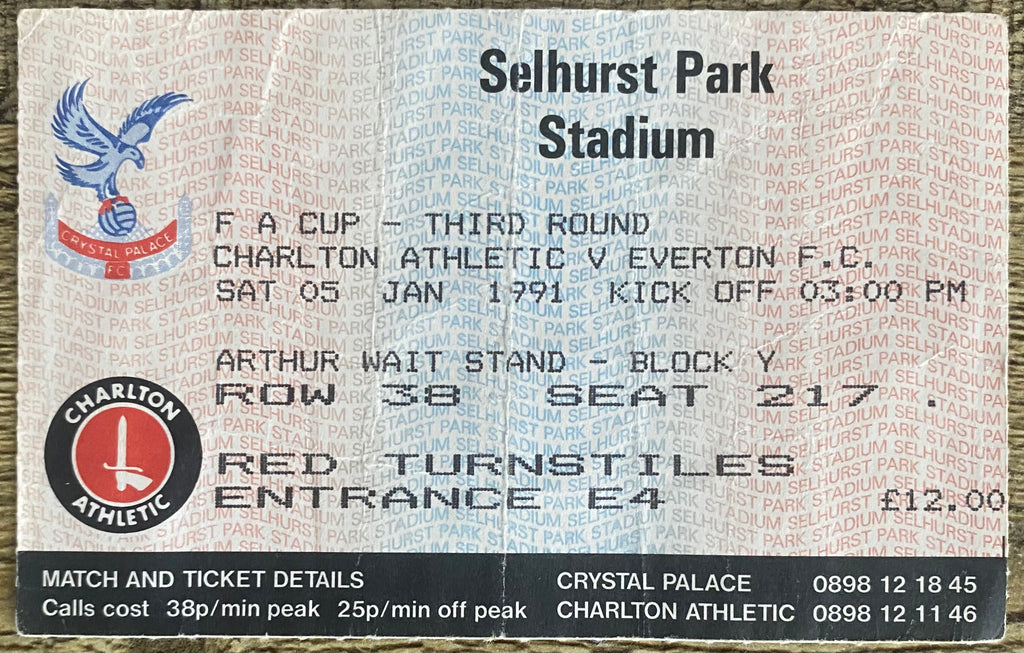 1990/91 ORIGINAL FA CUP 3RD ROUND TICKET CHARLTON ATHLETIC V EVERTON