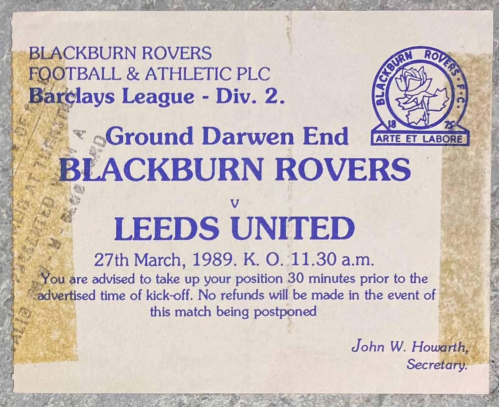 1988/89 ORIGINAL DIVISION TWO TICKET BLACKBURN ROVERS V LEEDS UNITED