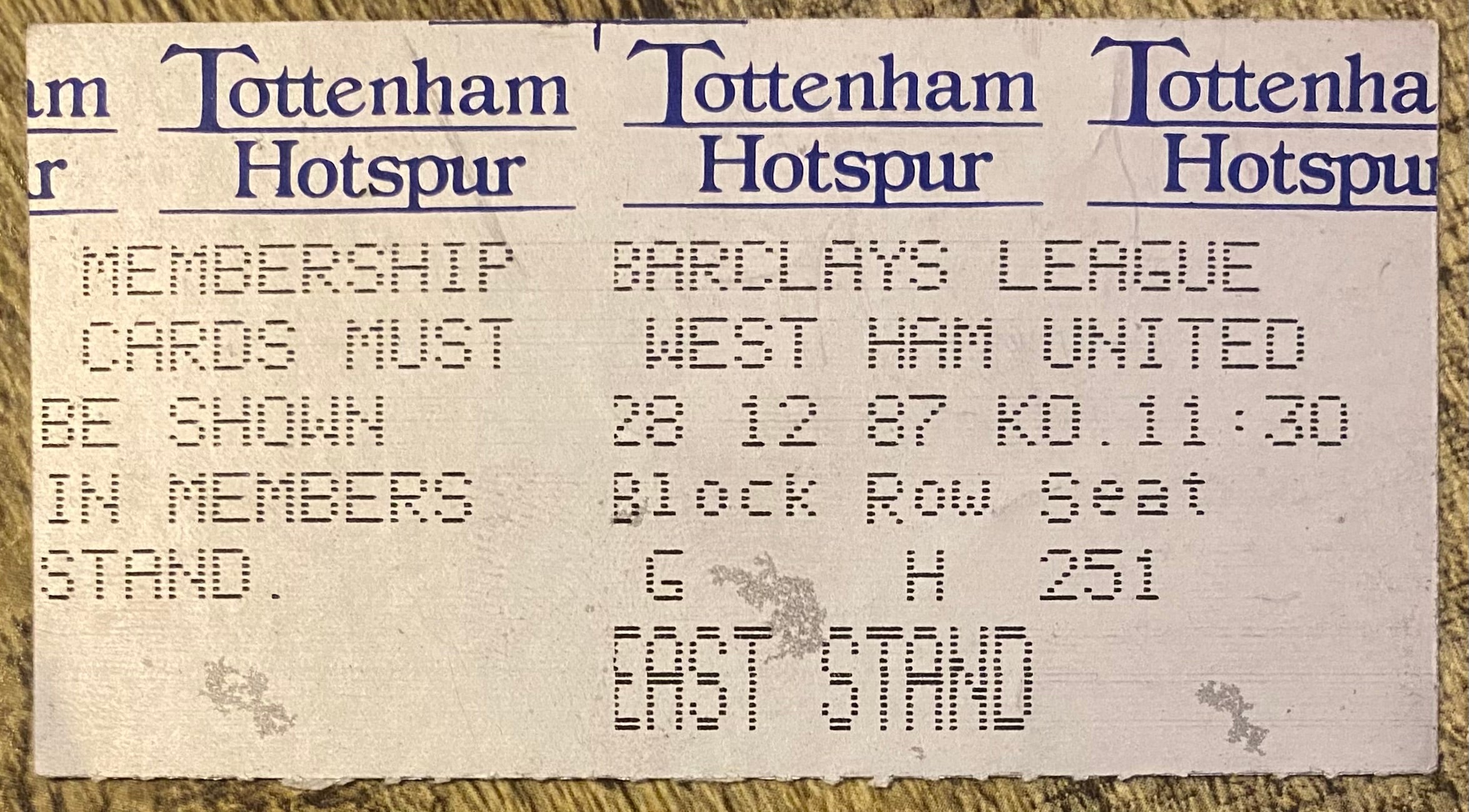 1987/88 ORIGINAL DIVISION ONE TICKET TOTTENHAM HOTSPUR V WEST HAM UNITED