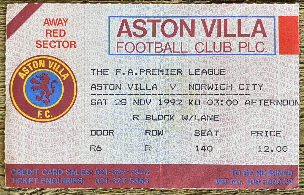 1992/93 ORIGINAL PREMIER LEAGUE TICKET ASTON VILLA V NORWICH CITY
