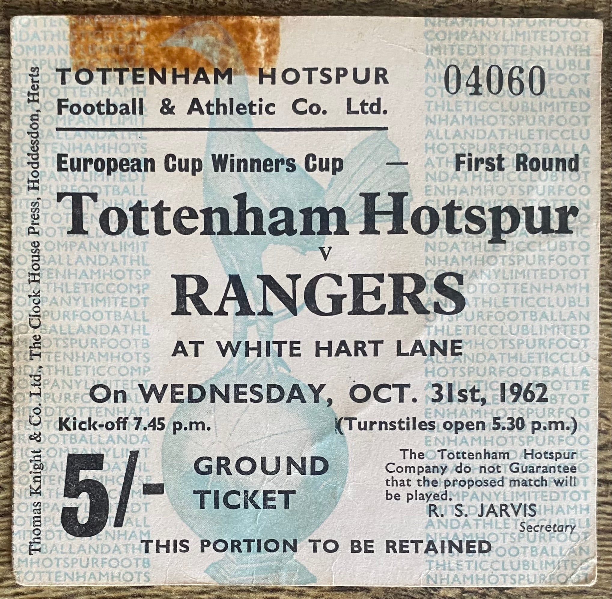 1962/63 ORIGINAL EUROPEAN CUP WINNERS CUP 1ST ROUND 1ST LEG TICKET TOTTENHAM HOTSPUR V GLASGOW RANGERS