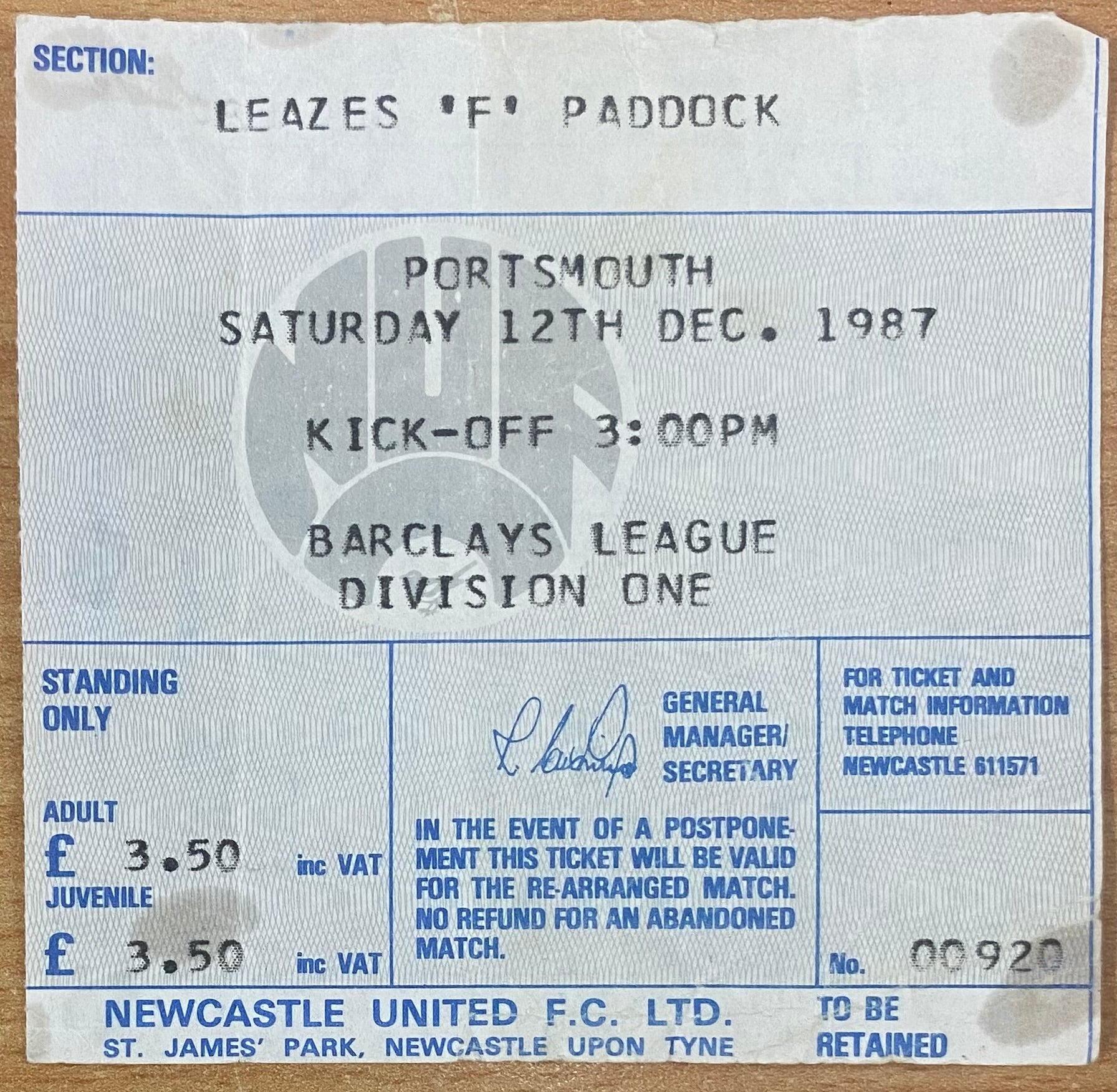 1987/88 ORIGINAL DIVISION 1 TICKET NEWCASTLE UNITED V PORTSMOUTH