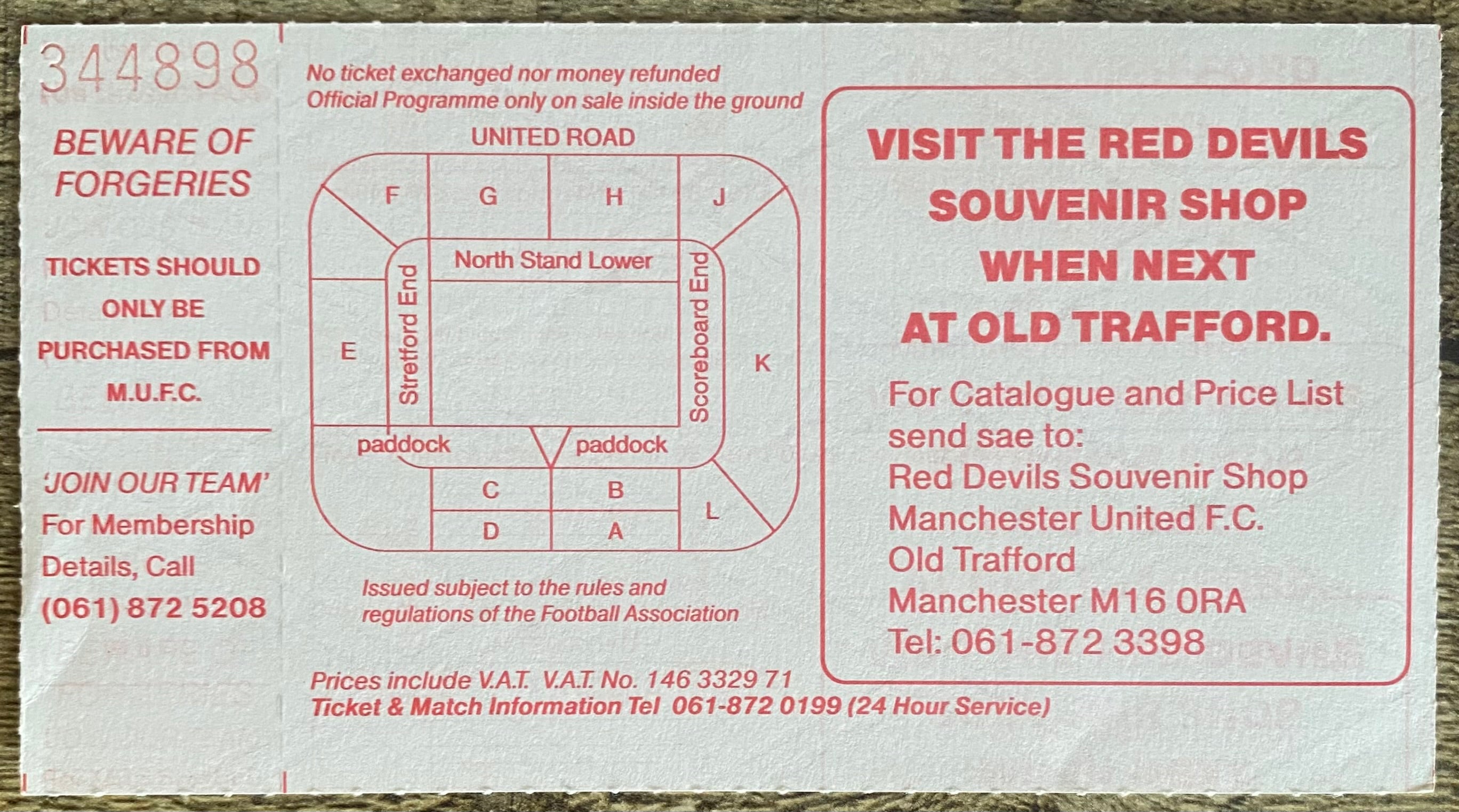 1990/91 ORIGINAL DIVISION ONE UNUSED TICKET MANCHESTER UNITED V LEEDS UNITED