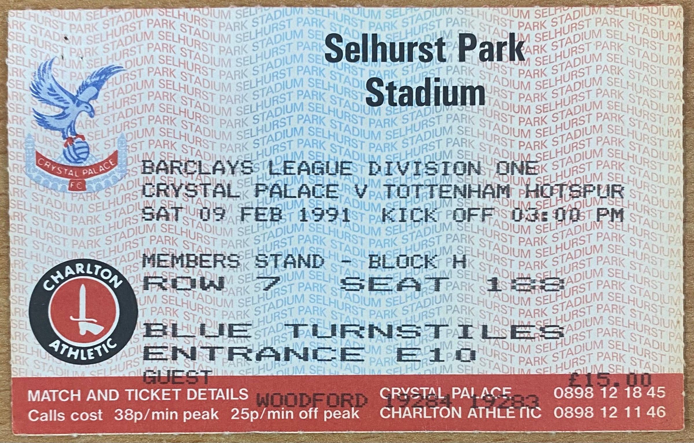 1990/91 ORIGINAL DIVISION 1 TICKET CRYSTAL PALACE V TOTTENHAM HOTSPUR
