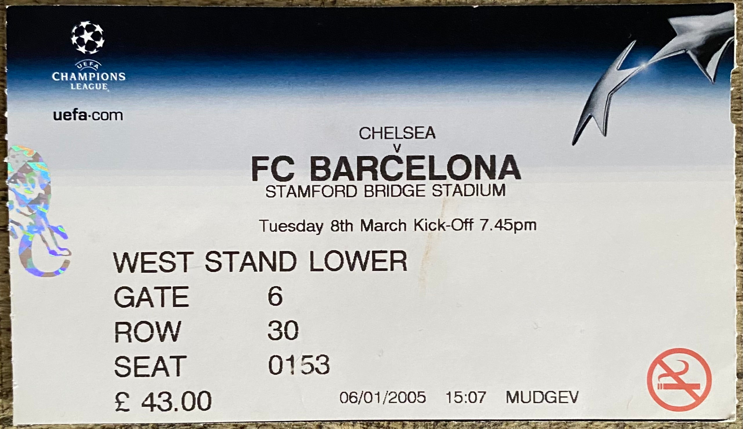 2004/05 ORIGINAL CHAMPIONS LEAGUE 2ND ROUND 2ND LEG TICKET CHELSEA V BARCELONA