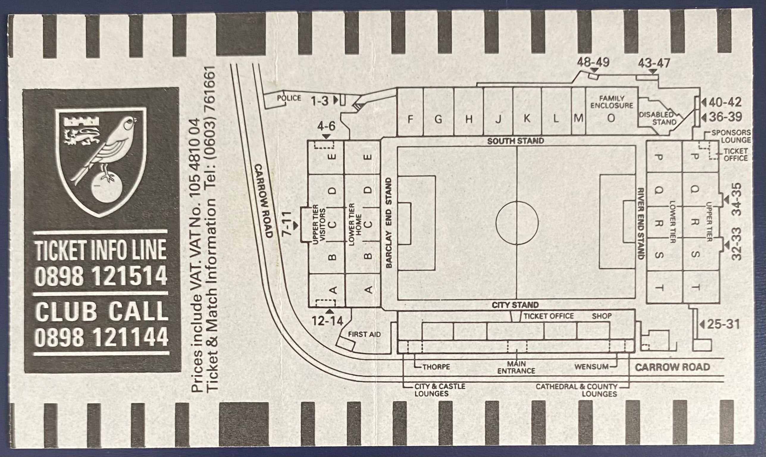 1992/93 ORIGINAL FA PREMIER LEAGUE TICKET NORWICH CITY V ARSENAL