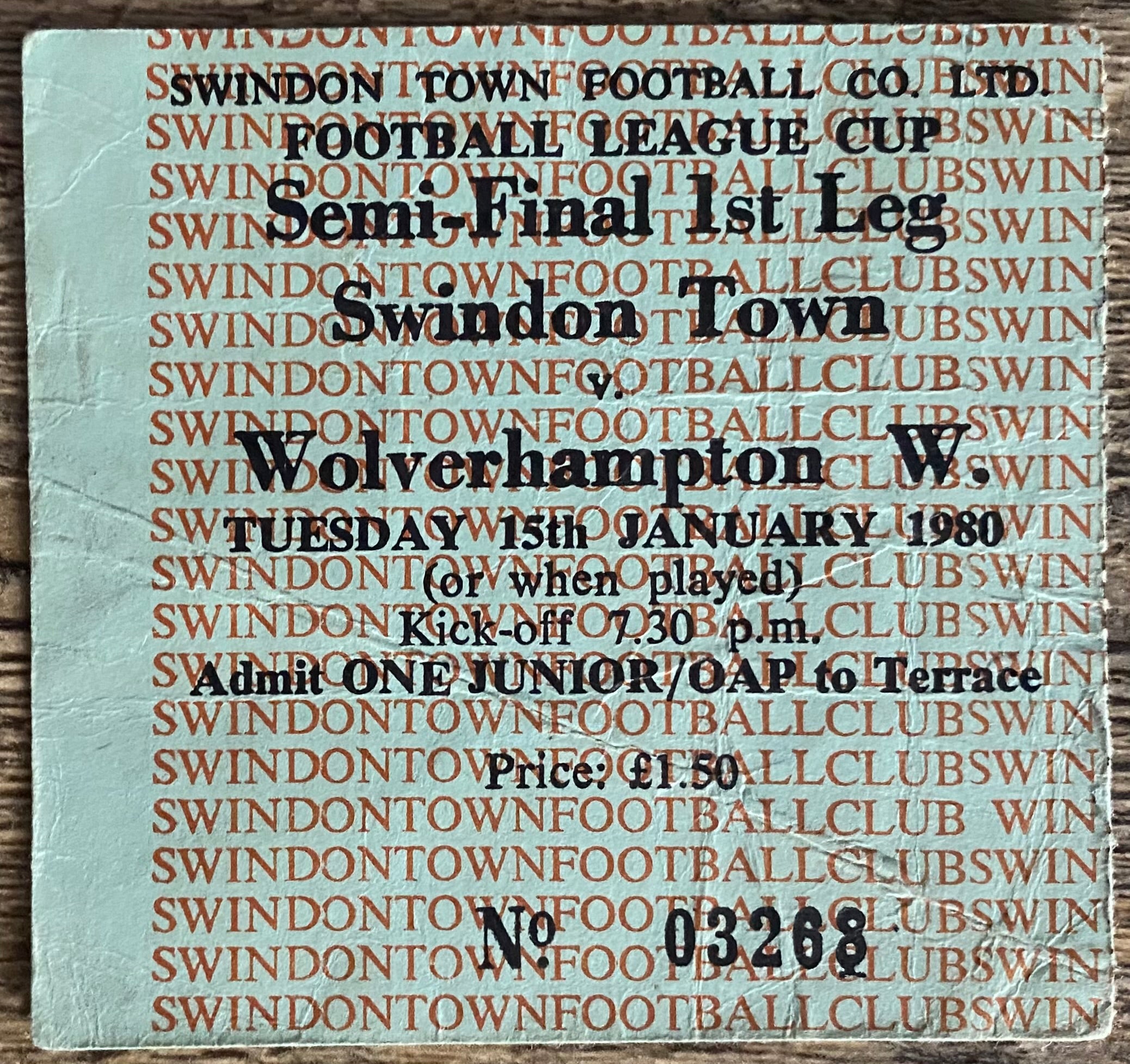 1979/80  ORIGINAL LEAGUE CUP SEMI FINAL 1ST LEG  TICKET SWINDON TOWN V WOLVERHAMPTON WANDERERS