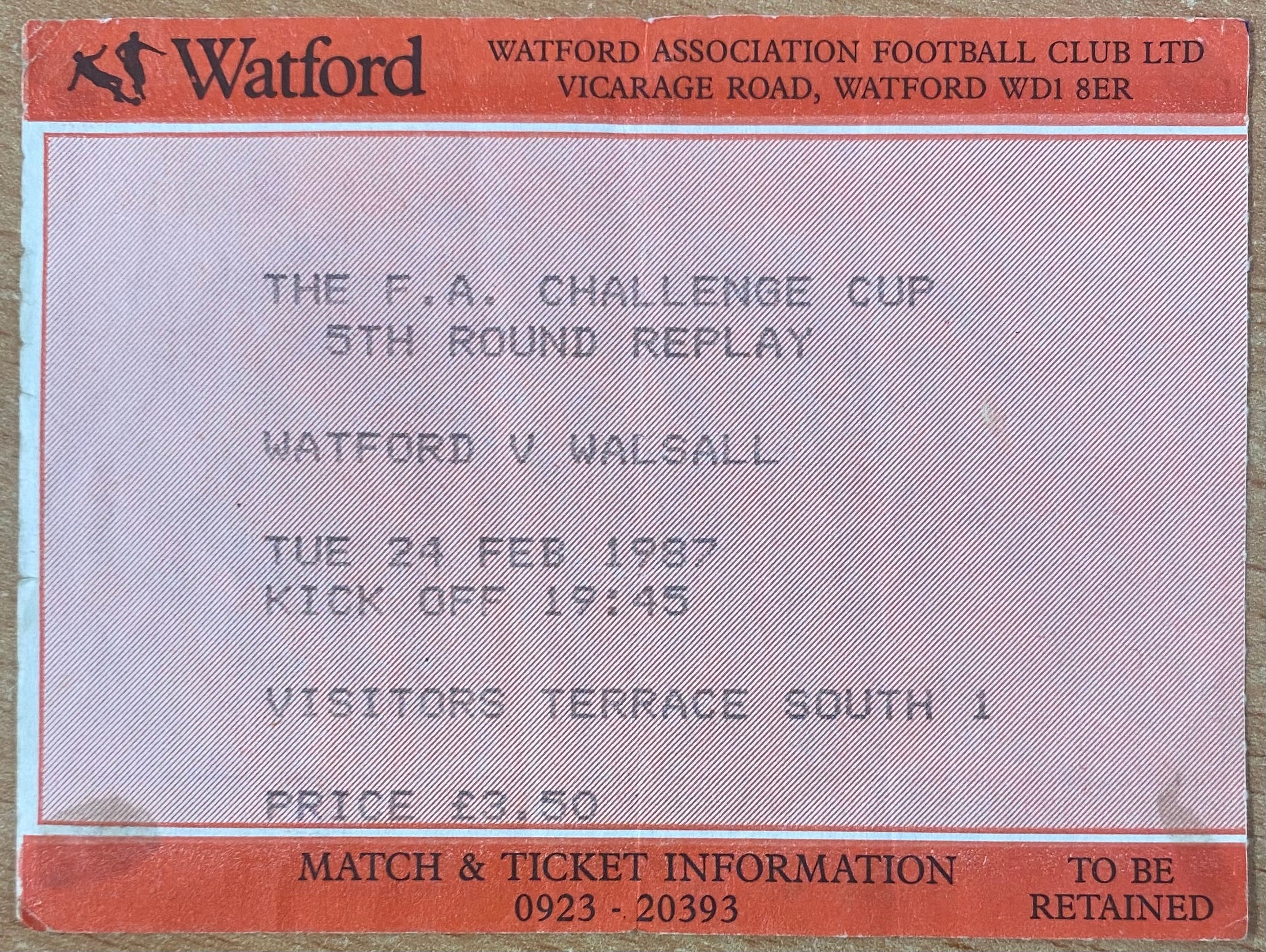 1986/87 ORIGINAL FA CUP 5TH ROUND REPLAY TICKET WATFORD V WALSALL