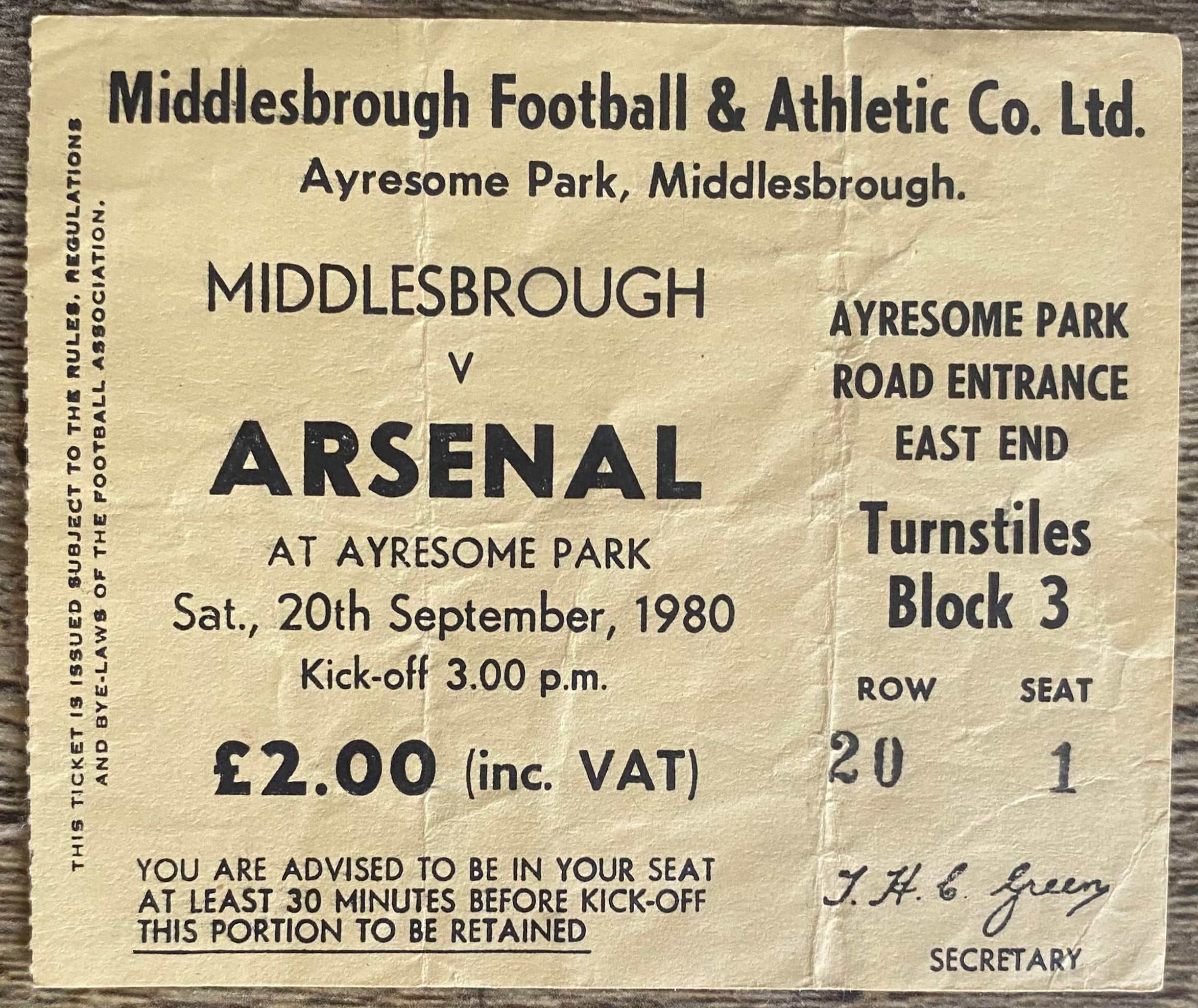 1980/81 ORIGINAL DIVISION ONE TICKET MIDDLESBROUGH V ARSENAL